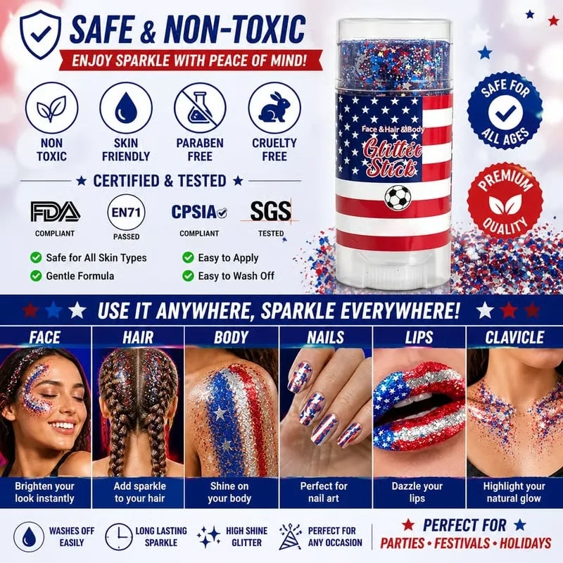 Only $9.99 Last Day Promotion!🎁🦅4th of July Glitter Stick✨🔔 Red, White & Blue Body & Hair Sparkle