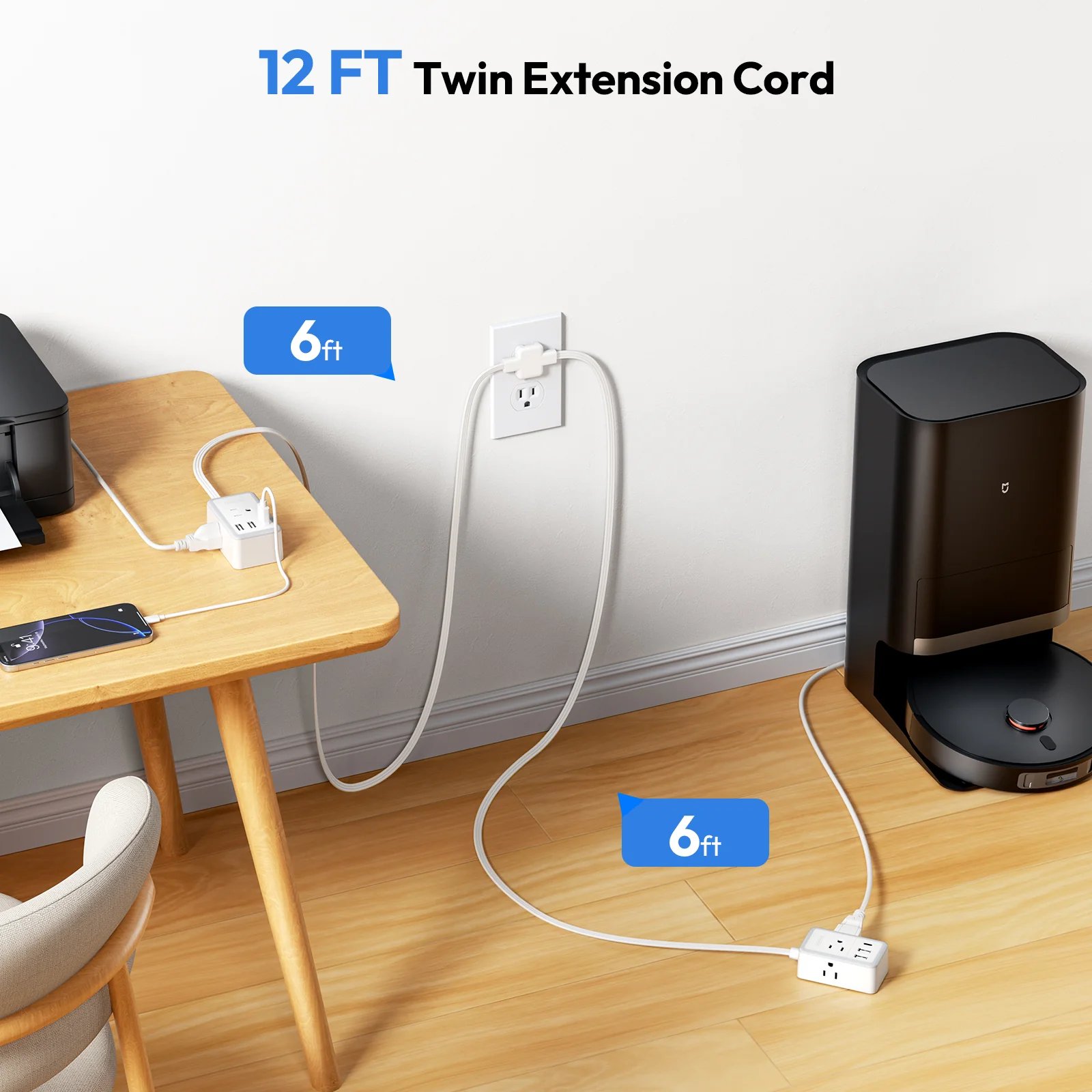 Double Extension Cord 12 FT Power Strip  3 Outlets 3 USB