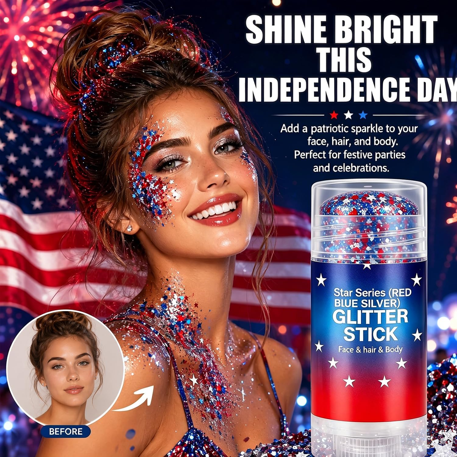 Patriotic Body Glitter Stick, Red White and Blue Hair Glitter Stick