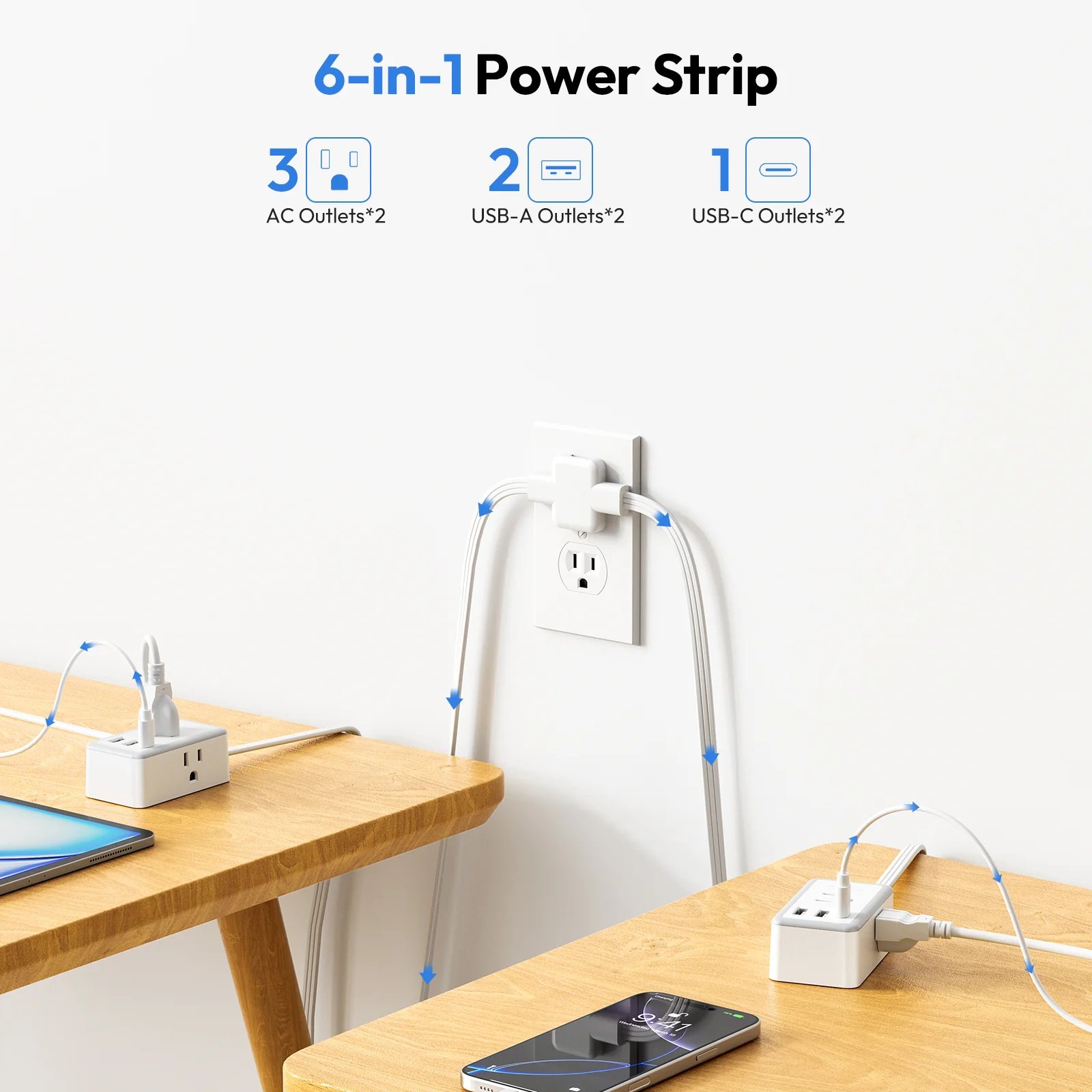 Double Extension Cord 12 FT Power Strip  3 Outlets 3 USB