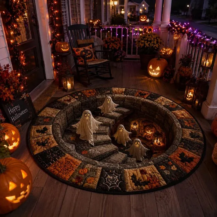3D Haunted Stairway Round Halloween Rug feature 2