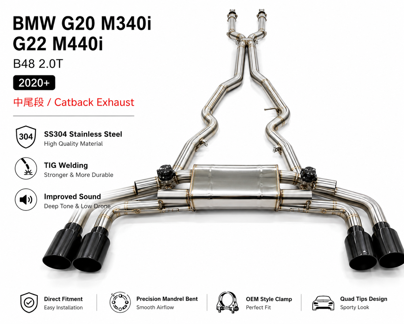BMW 2020 M340i/M440i G20 B48 2.0T Stainless Steel Mid & Rear Exhaust System