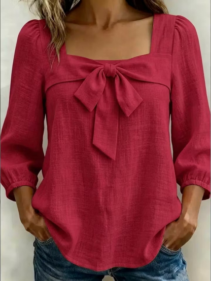 NEW🔥 Women's Casual Bow Short-sleeve Linen and Cotton Blouse