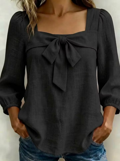 NEW🔥 Women's Casual Bow Short-sleeve Linen and Cotton Blouse