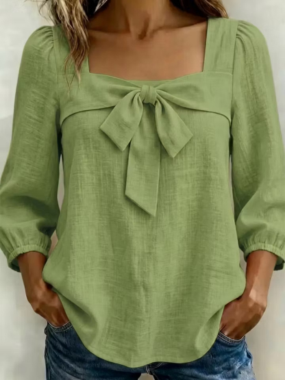 NEW🔥 Women's Casual Bow Short-sleeve Linen and Cotton Blouse