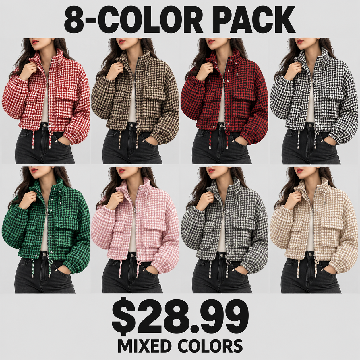 Women's vintage plaid cropped jacket with a stand collar, drawstring detail, and front zip closure