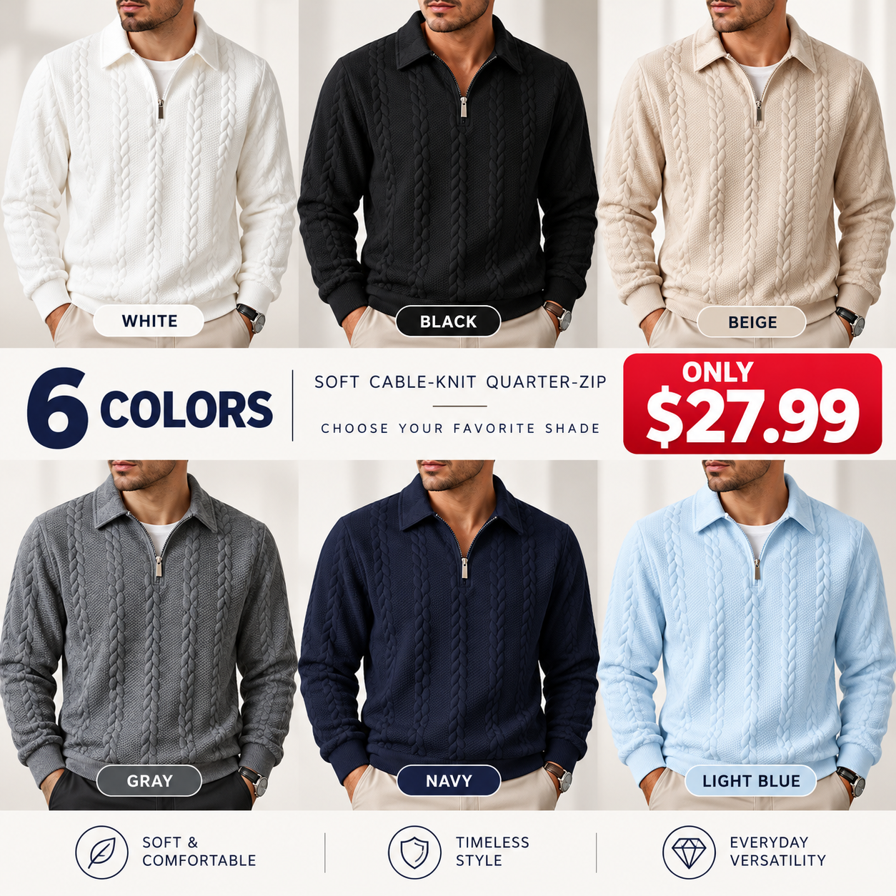 Men's Spring Knitwear: Slim-fit, long-sleeve polo-collar pullover; blending casual staple appeal with "Old Money" style, featuring a half-zip and half-placket design.