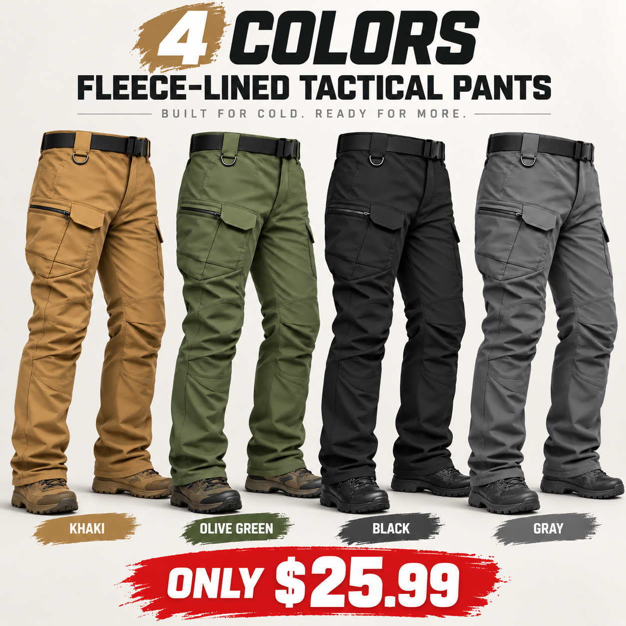 Men's fleece-lined tactical cargo pants—windproof, warm, multi-pocket work trousers