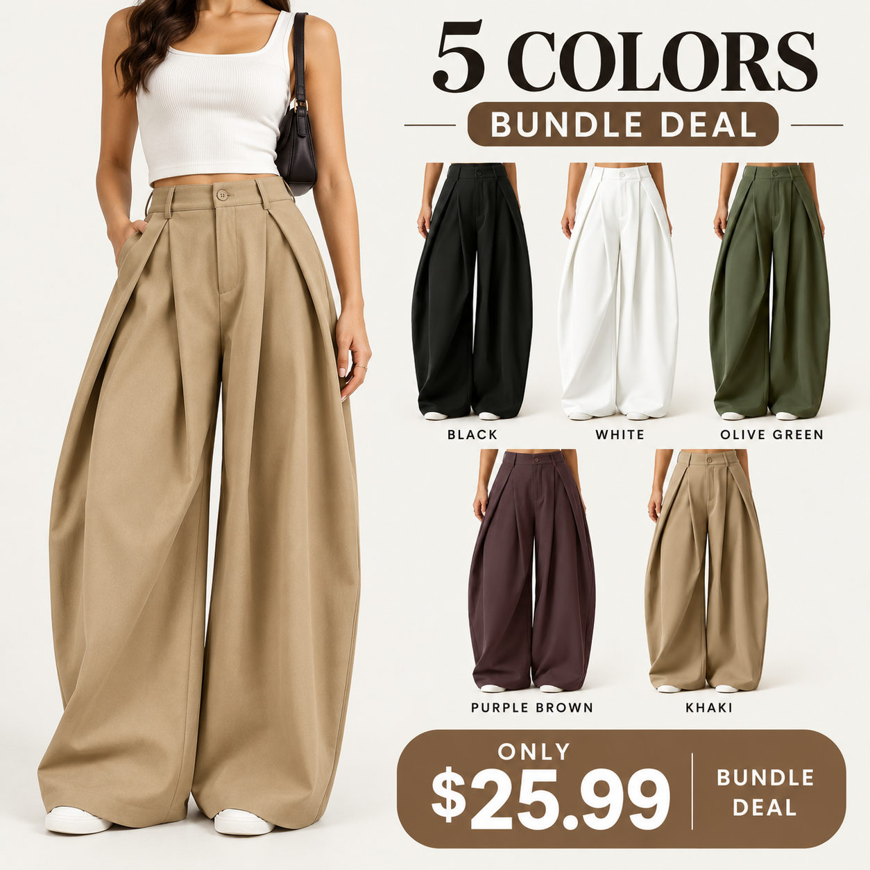 Women's vintage-style, loose-fit, wide-leg street-style trousers with an elastic waistband