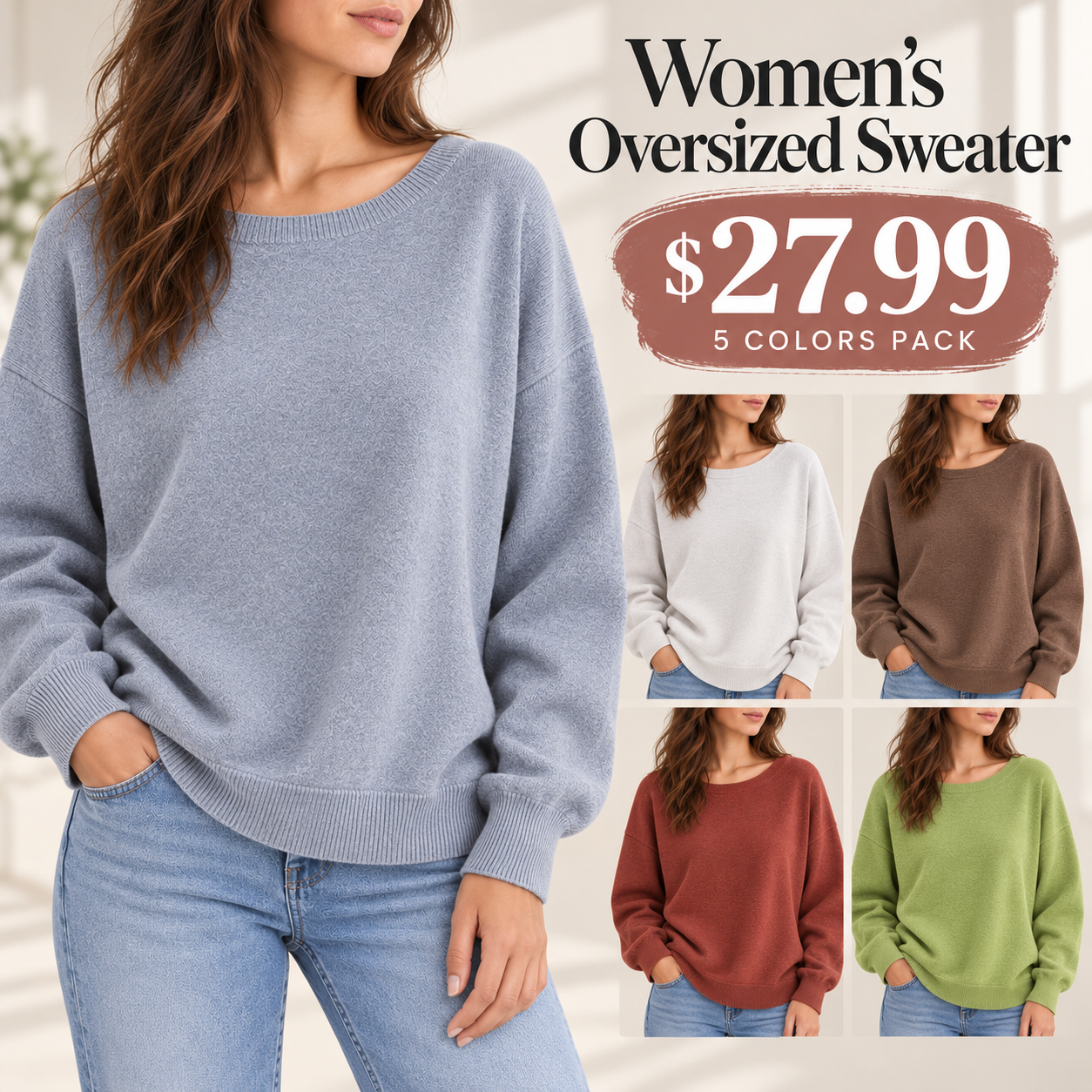 Women's scoop-neck sweater, casual-chic drop-shoulder long-sleeve knit pullover, women's autumn/winter knit top.