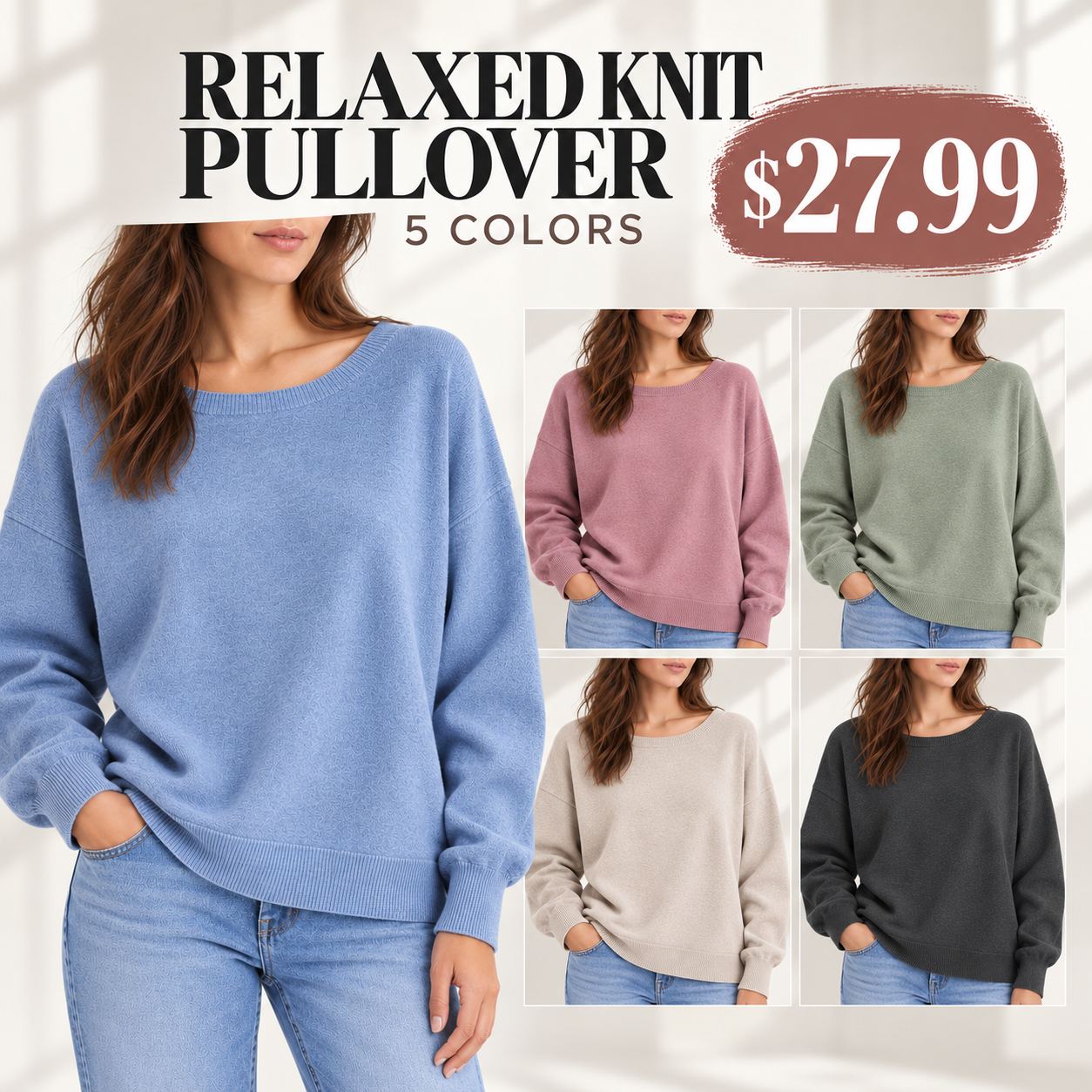 Women's scoop-neck sweater, casual-chic drop-shoulder long-sleeve knit pullover, women's autumn/winter knit top.