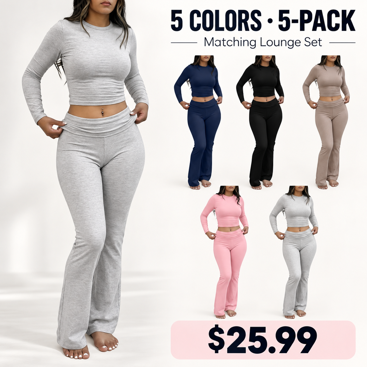 Women's Solid Long Sleeve Crop Tee & Flare Leg Skinny Pants Loungewear Set, Casual Round Neck Top & Bell Bottom Leggings, Sleepwear Set for Women, Sets Pajama