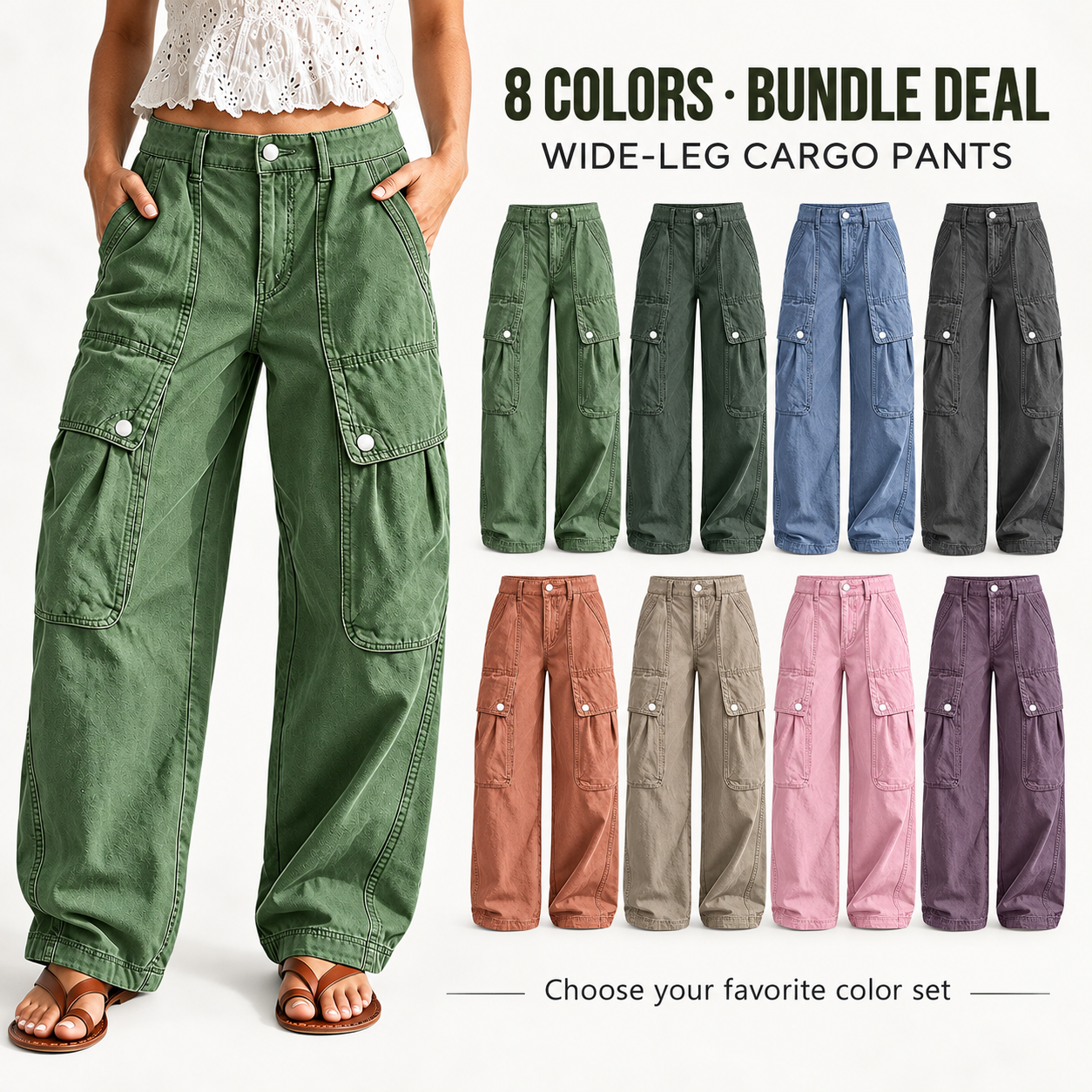 Loose-fitting wide-leg cargo trousers featuring a mid-rise and flap pockets.