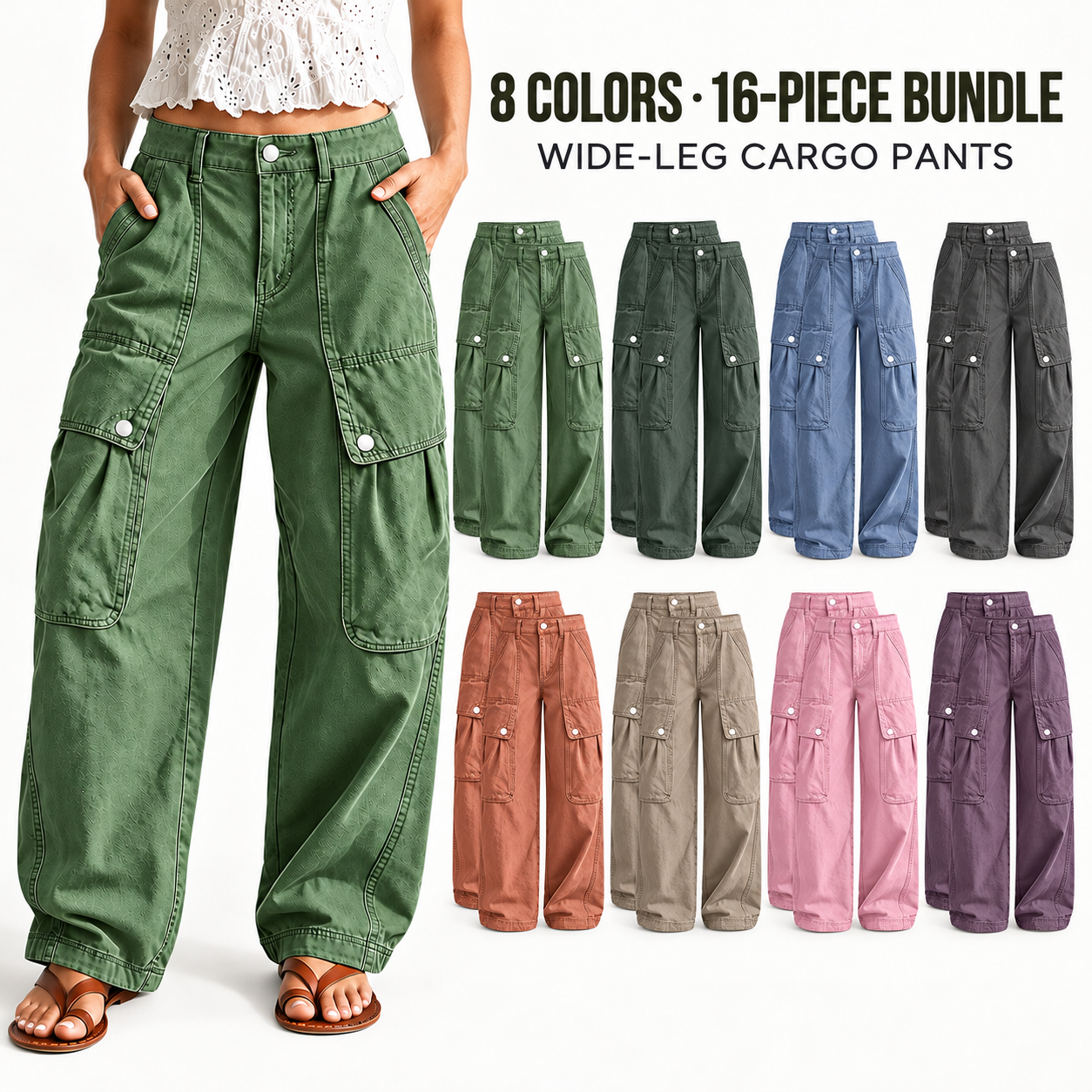Loose-fitting wide-leg cargo trousers featuring a mid-rise and flap pockets.