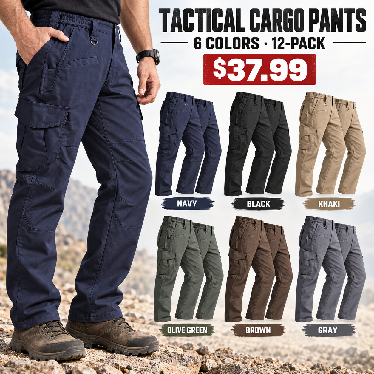 Men’s tactical ripstop cargo pants, featuring 9 pockets; waterproof and breathable—ideal for hiking and construction work.