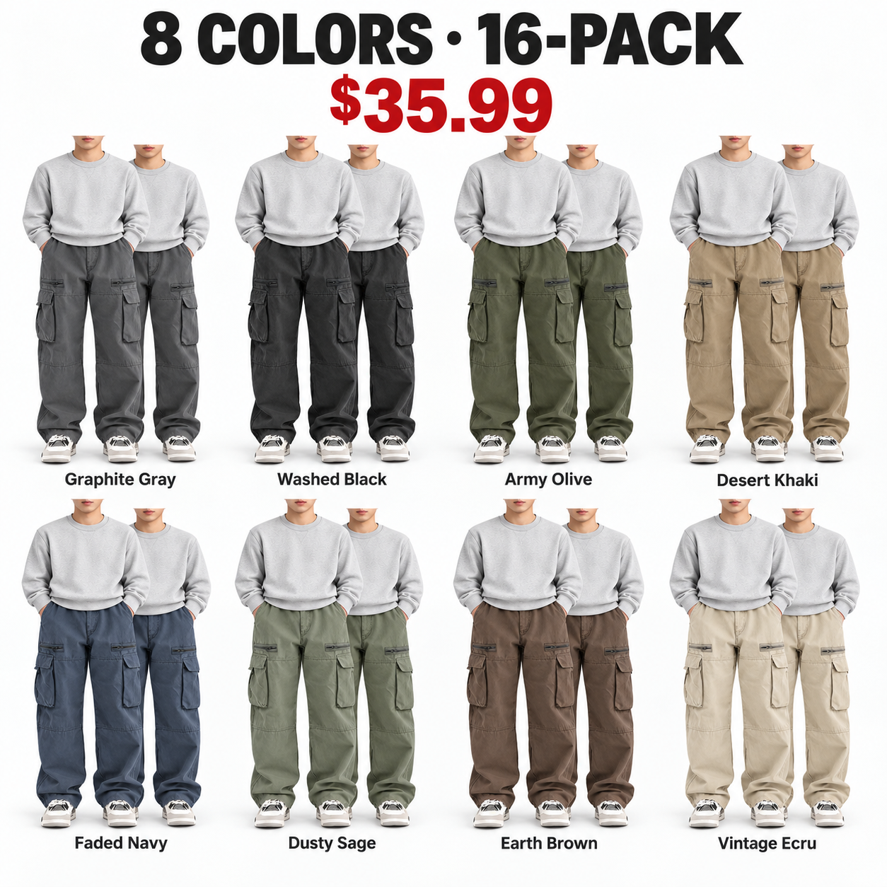 Unisex Washed Cotton Wide-Leg Cargo Pants