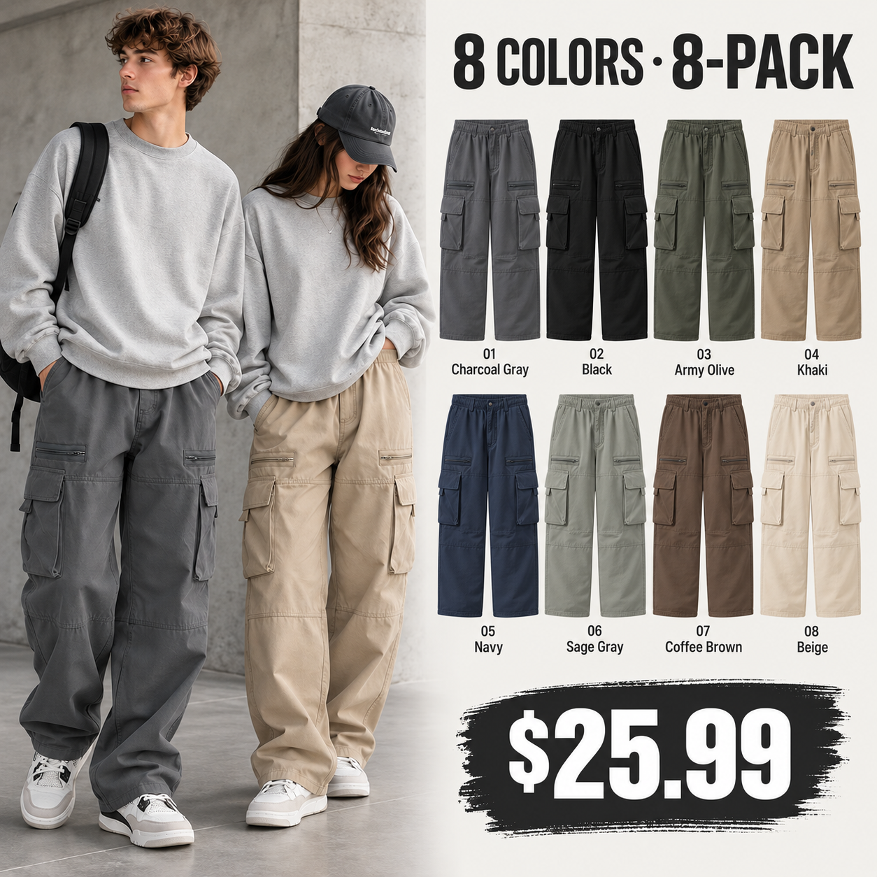 Unisex Washed Cotton Wide-Leg Cargo Pants