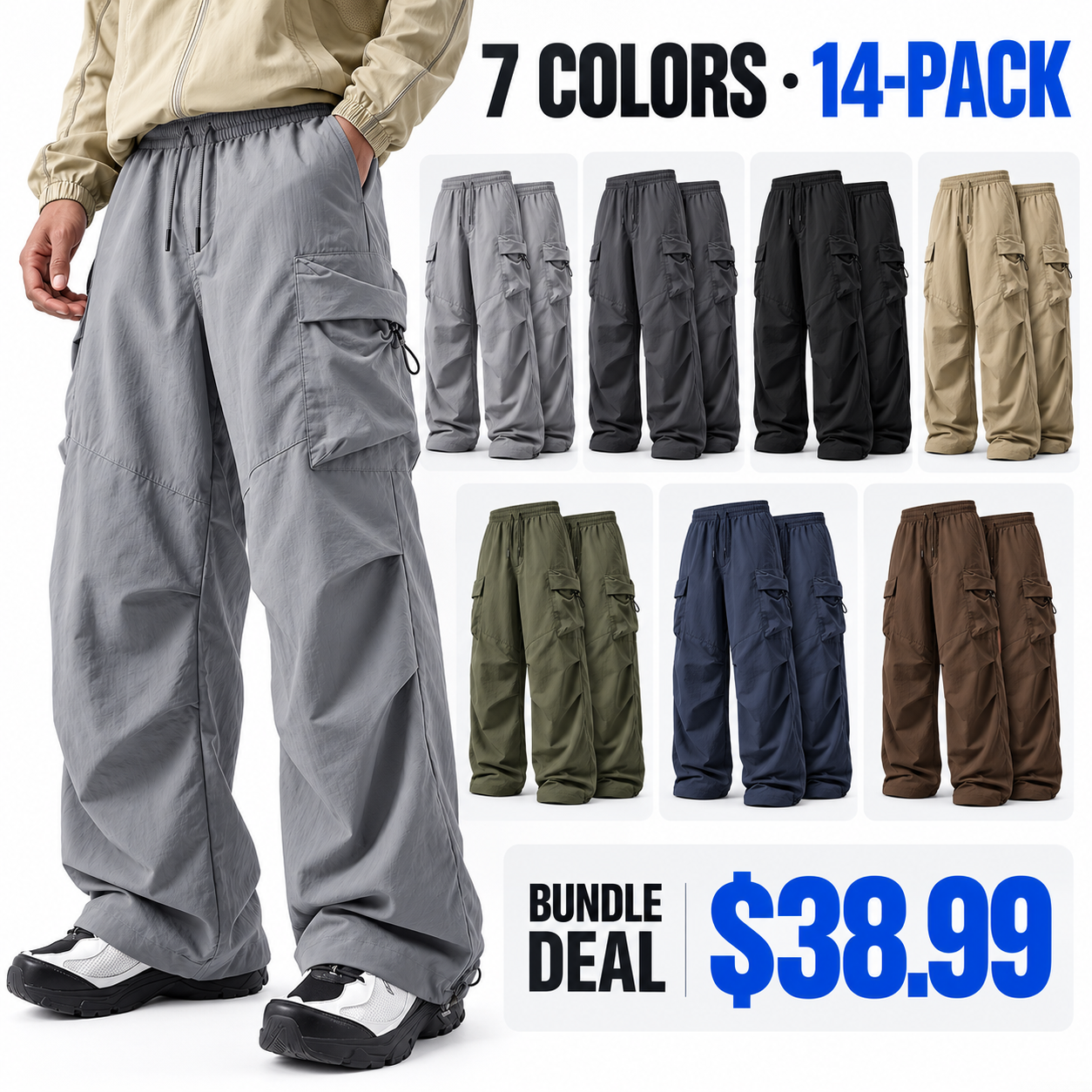Men’s loose-fit cargo pants, hiking trousers with an elastic waistband and multiple pockets
