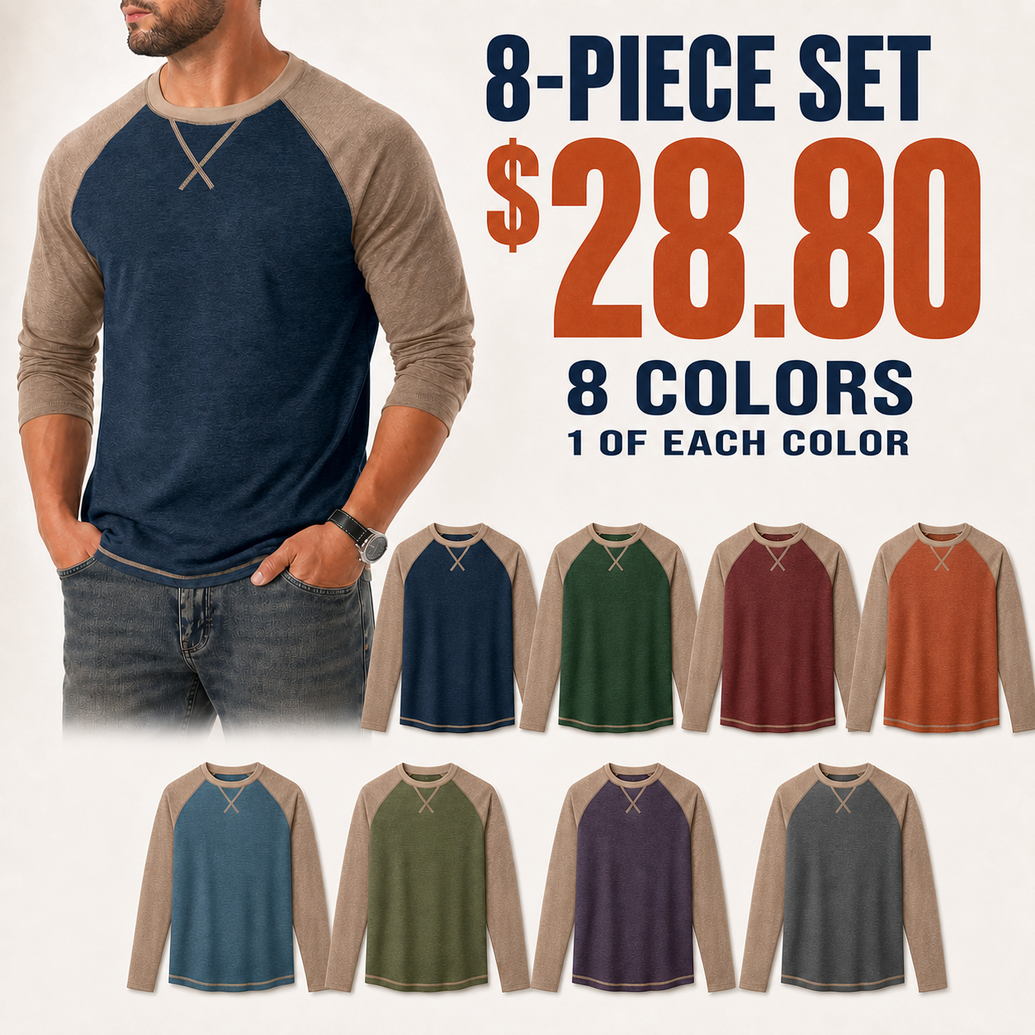 Men's pure cotton long-sleeve casual T-shirt, soft crew-neck shirt