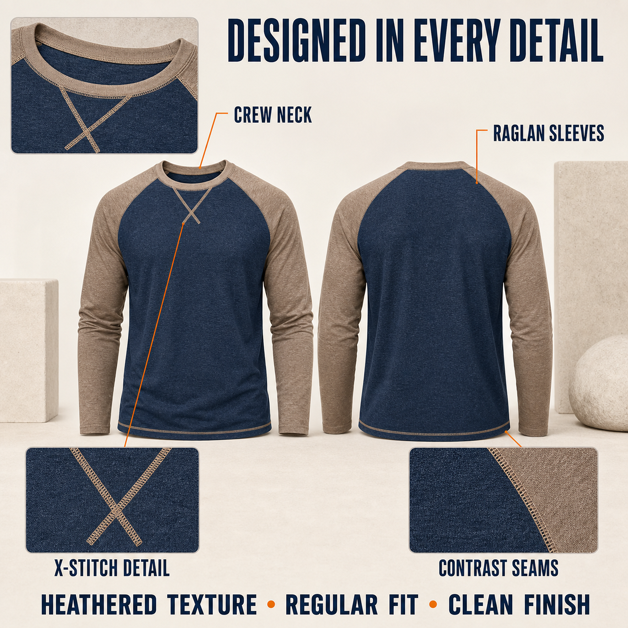 Men's pure cotton long-sleeve casual T-shirt, soft crew-neck shirt