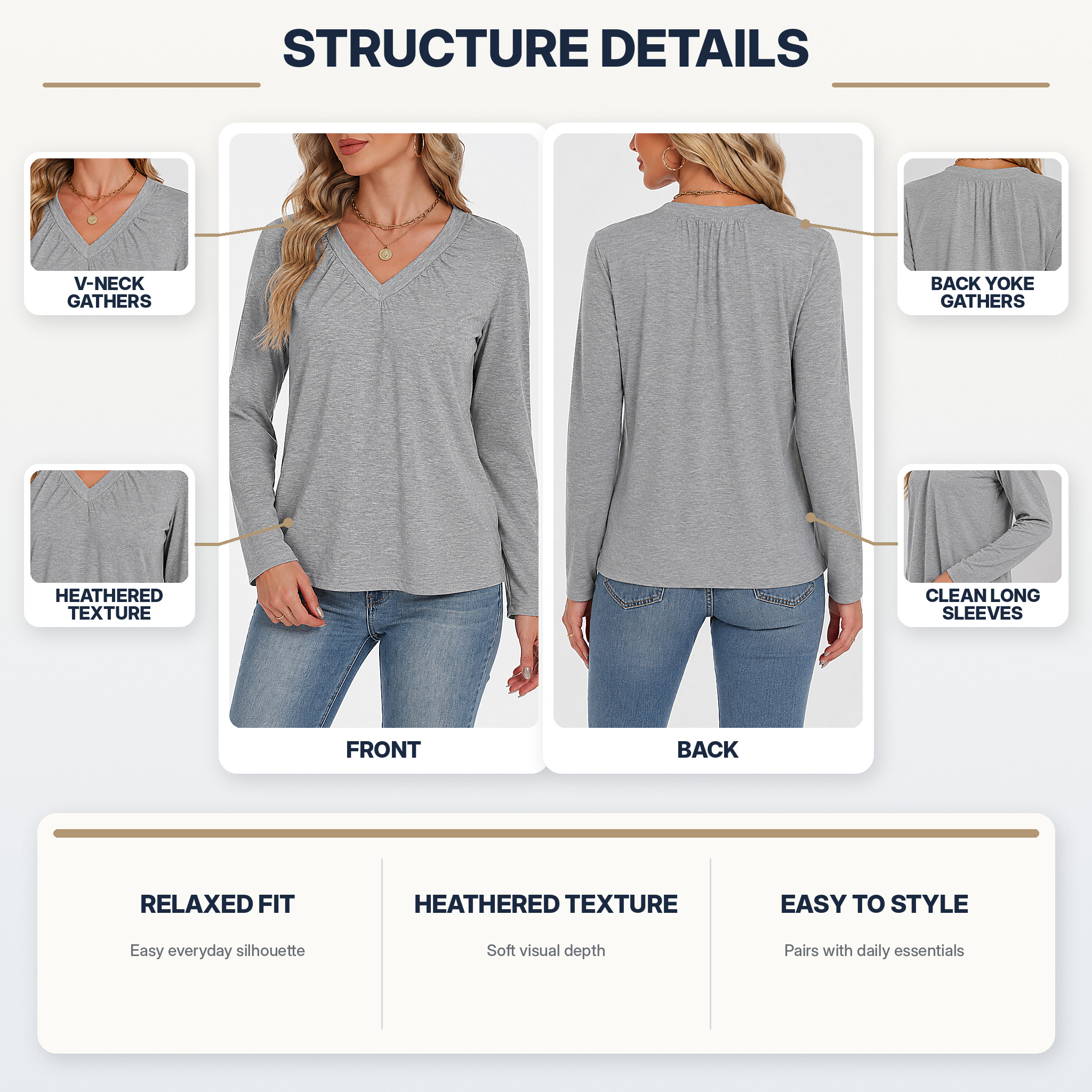 Long-Sleeve V-Neck Top—Soft, Casual, Solid-Color, Loose-Fit Top (Autumn Apparel)