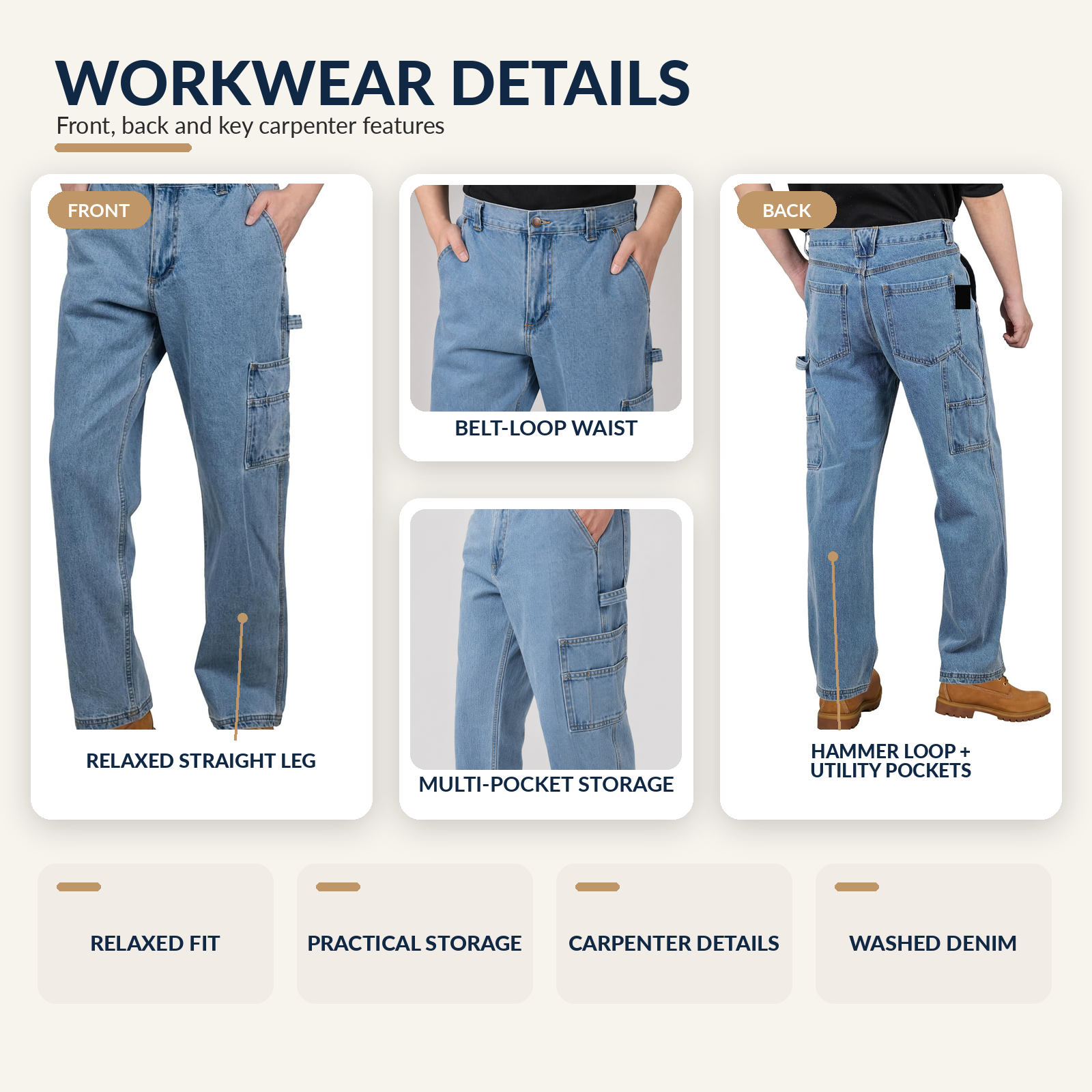 Jeans de trabajo de carpintero resistentes para hombre, mezclilla de algodón con múltiples bolsillos utilitarios y lazo para martillo