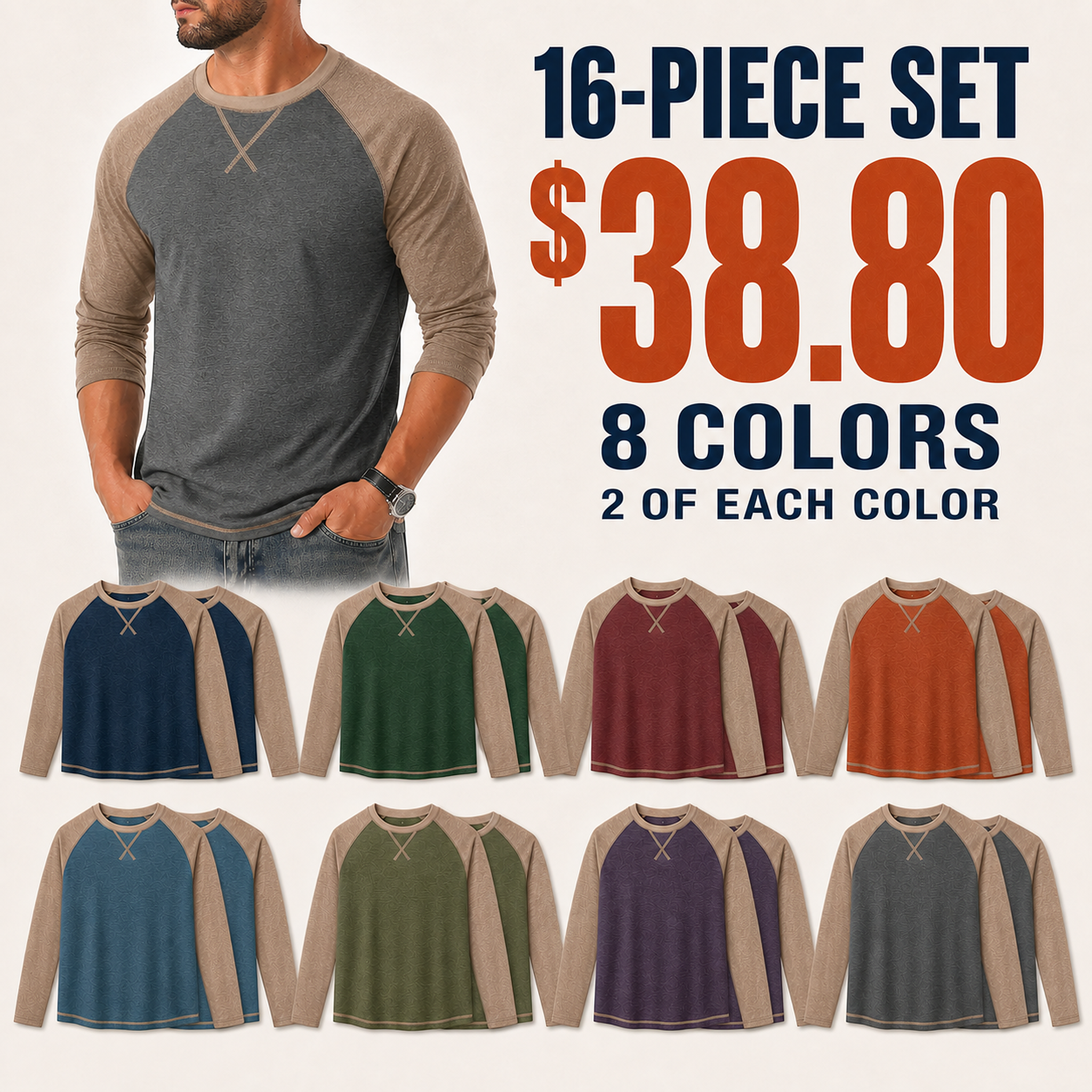 Men's pure cotton long-sleeve casual T-shirt, soft crew-neck shirt