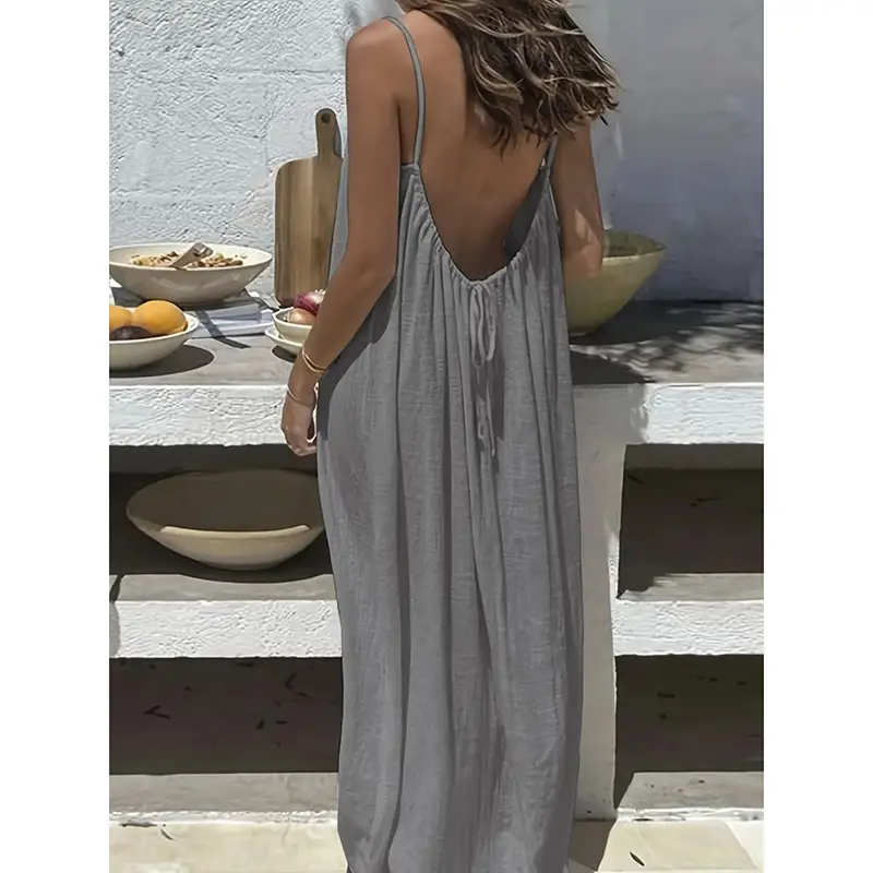 Women's Cotton Linen Backless Loose Dress with Pockets
