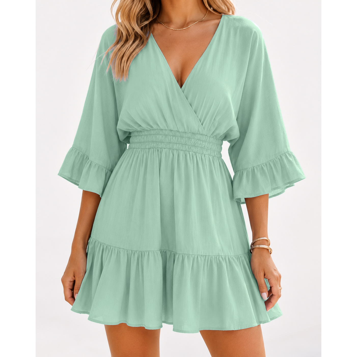 Women's Casual V-Neck Summer Loose High-Waisted Ruffled Pleated Cute Short Dress