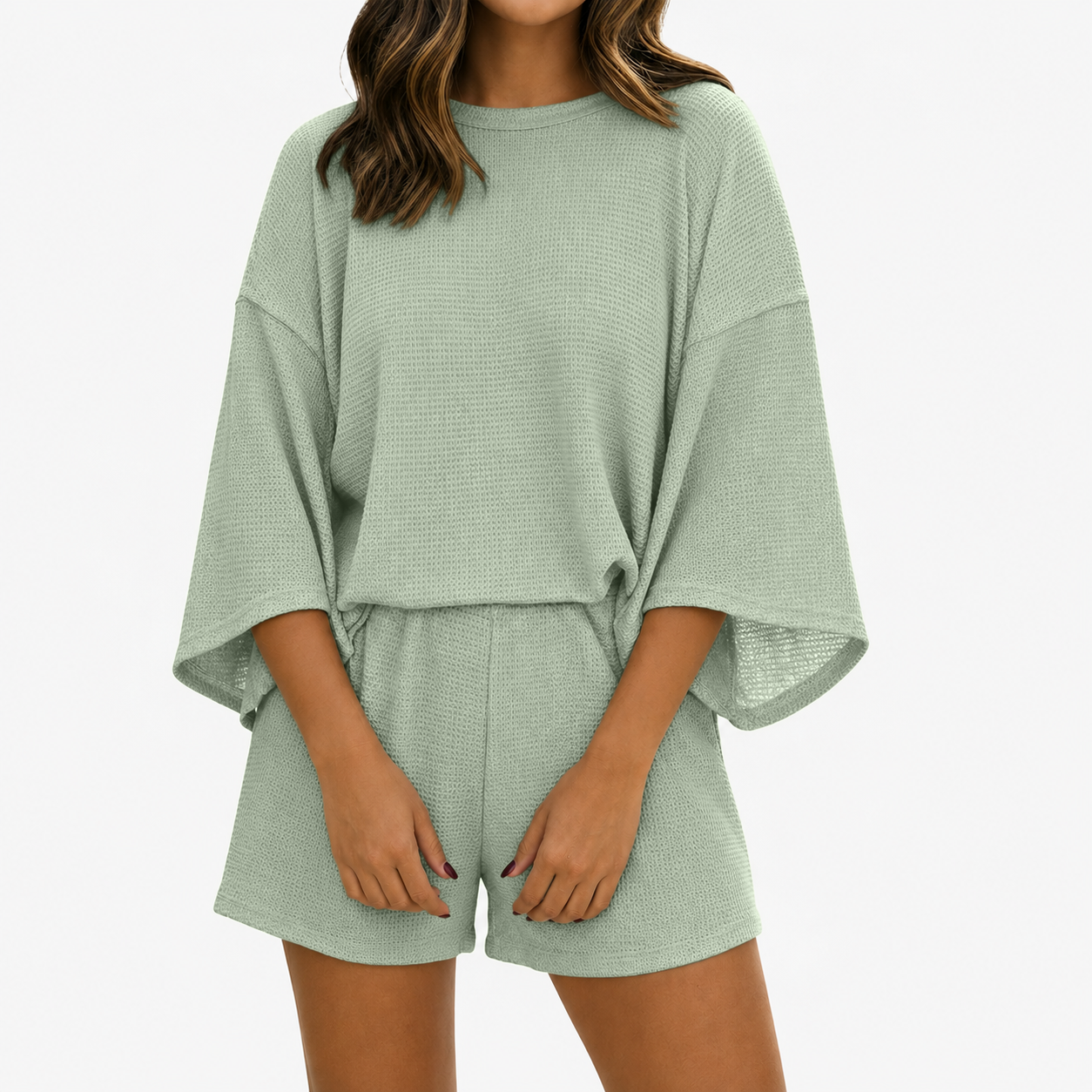 Women's two-piece shorts set with three-quarter sleeve T-shirt