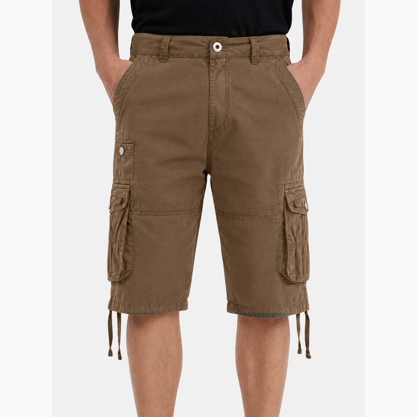 Men's multi-pocket cargo shorts, knee-length, casual summer hiking shorts.