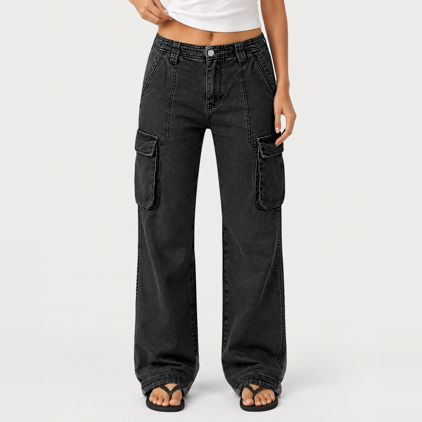 Women's Wide-Leg Straight-Cut Cargo Pants – Mid-Rise, High-Stretch, Multi-Pocket – Full-Length Cargo Pants