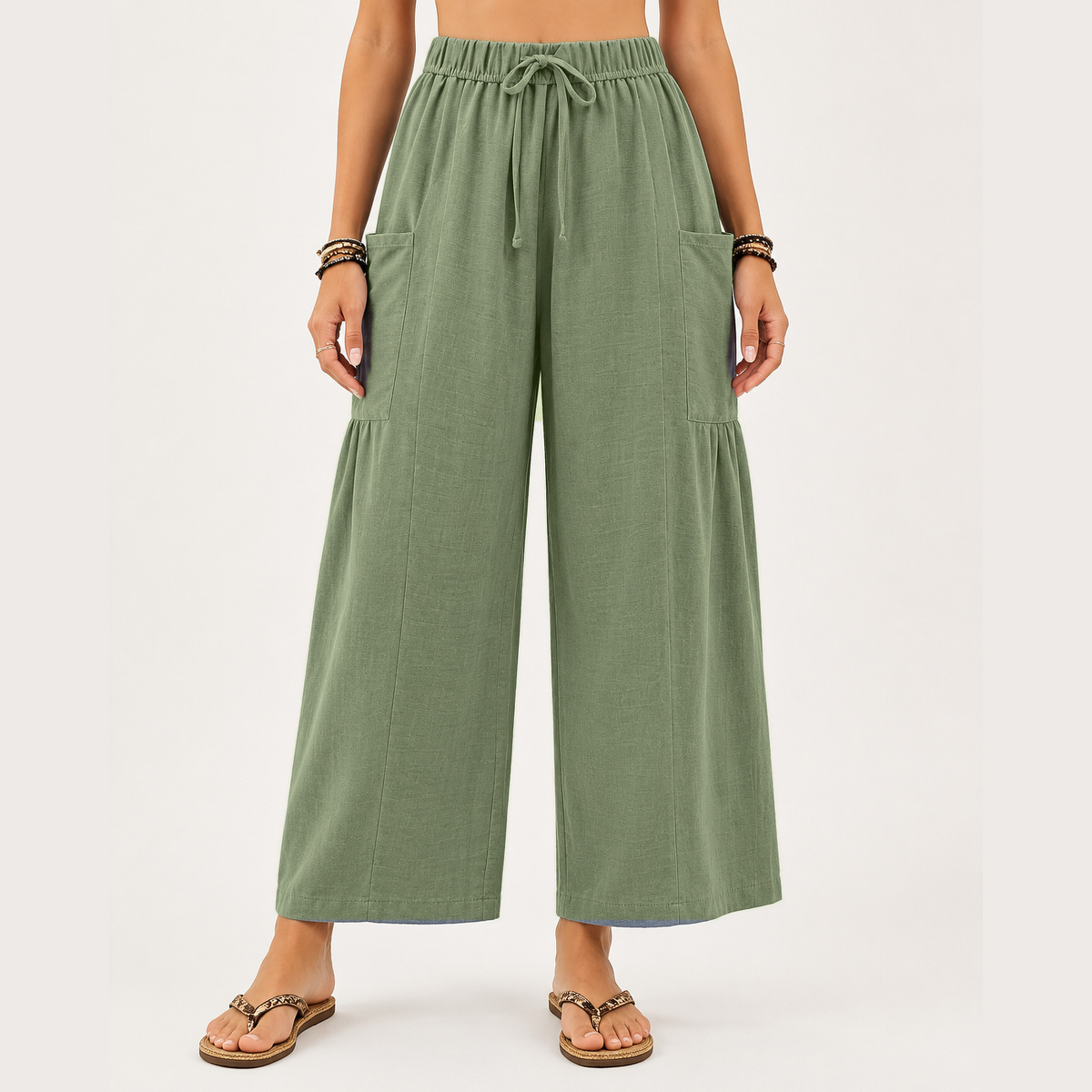 Women's wide-leg shorts featuring a drawstring design and pockets.