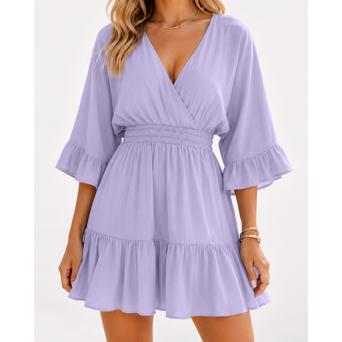 Women's Casual V-Neck Summer Loose High-Waisted Ruffled Pleated Cute Short Dress