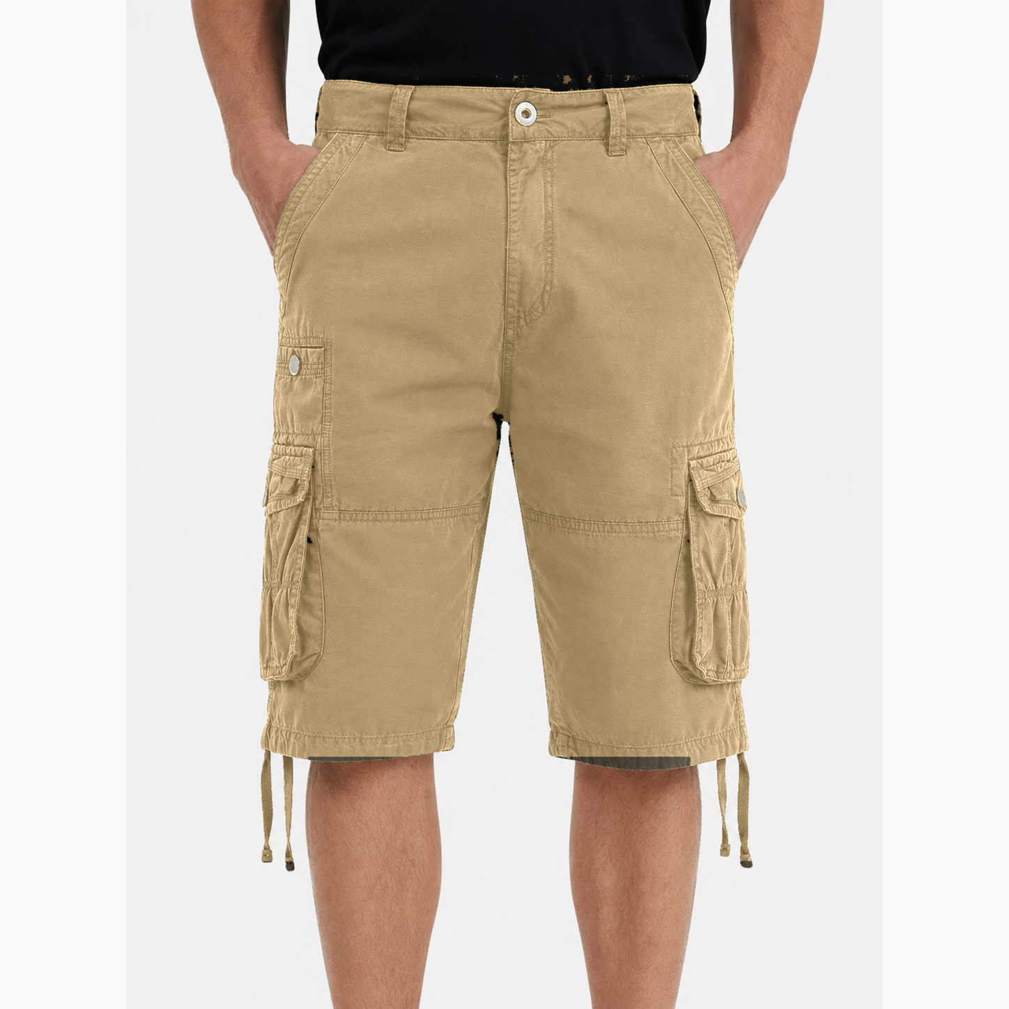 Men's multi-pocket cargo shorts, knee-length, casual summer hiking shorts.
