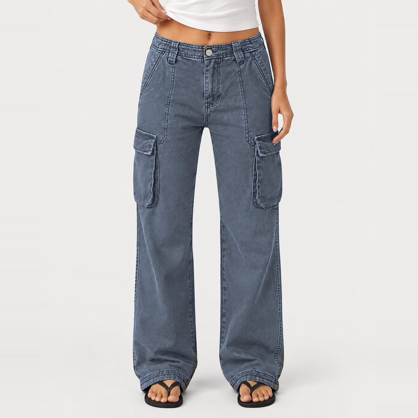 Women's Wide-Leg Straight-Cut Cargo Pants – Mid-Rise, High-Stretch, Multi-Pocket – Full-Length Cargo Pants