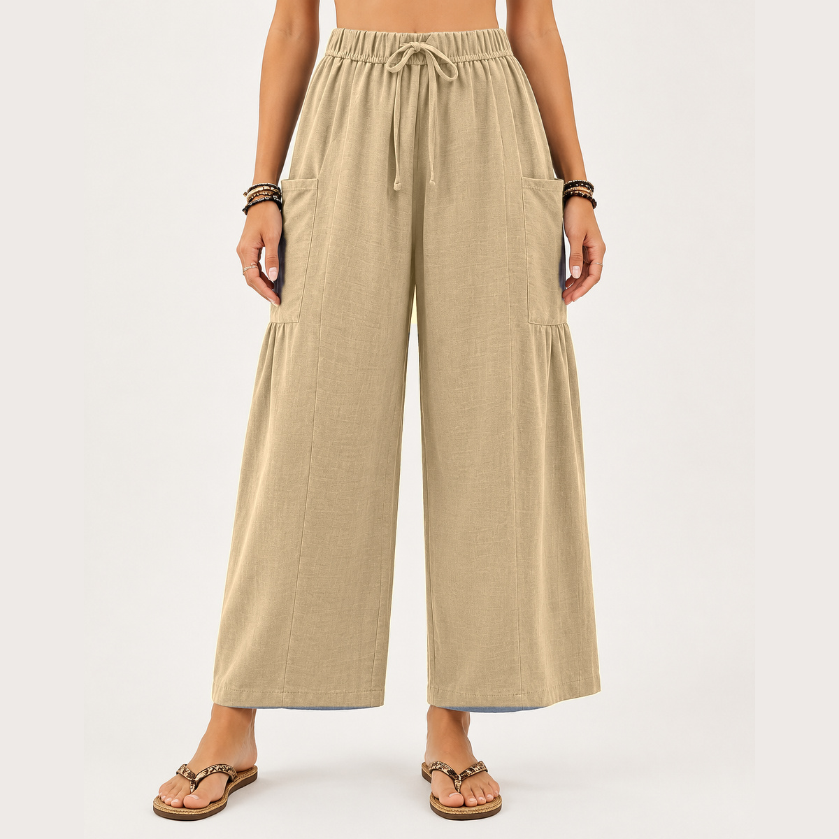 Women's wide-leg shorts featuring a drawstring design and pockets.