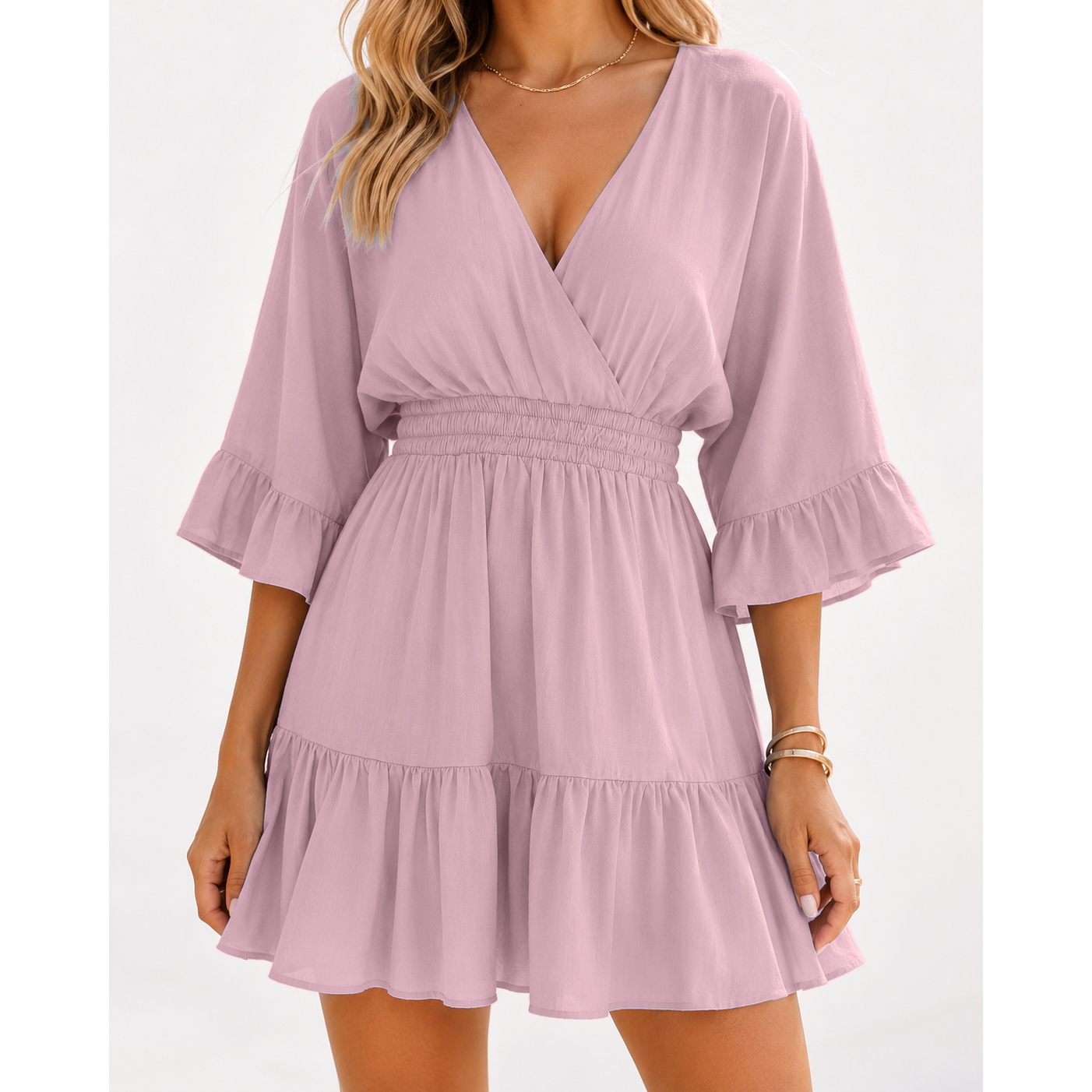 Women's Casual V-Neck Summer Loose High-Waisted Ruffled Pleated Cute Short Dress