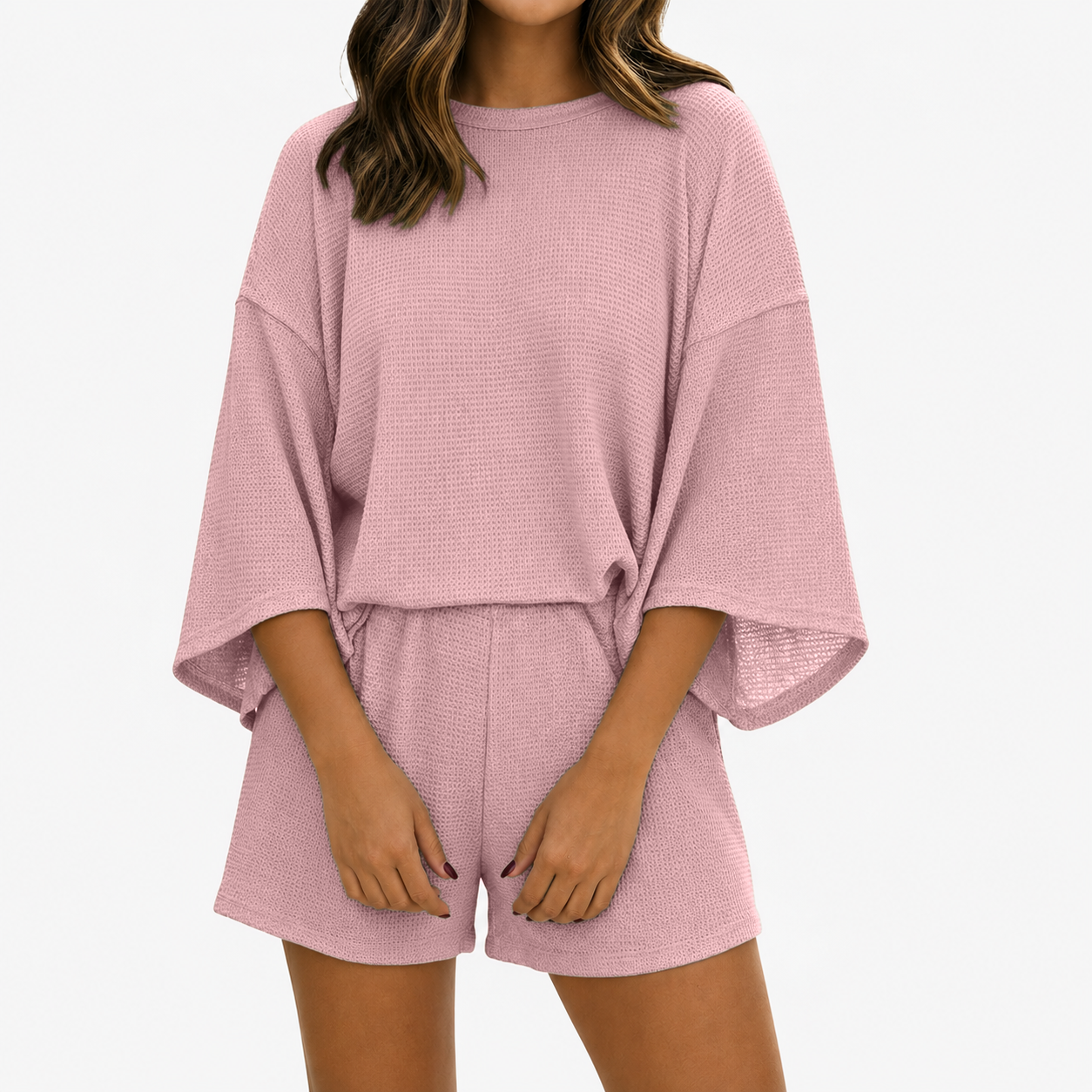 Women's two-piece shorts set with three-quarter sleeve T-shirt