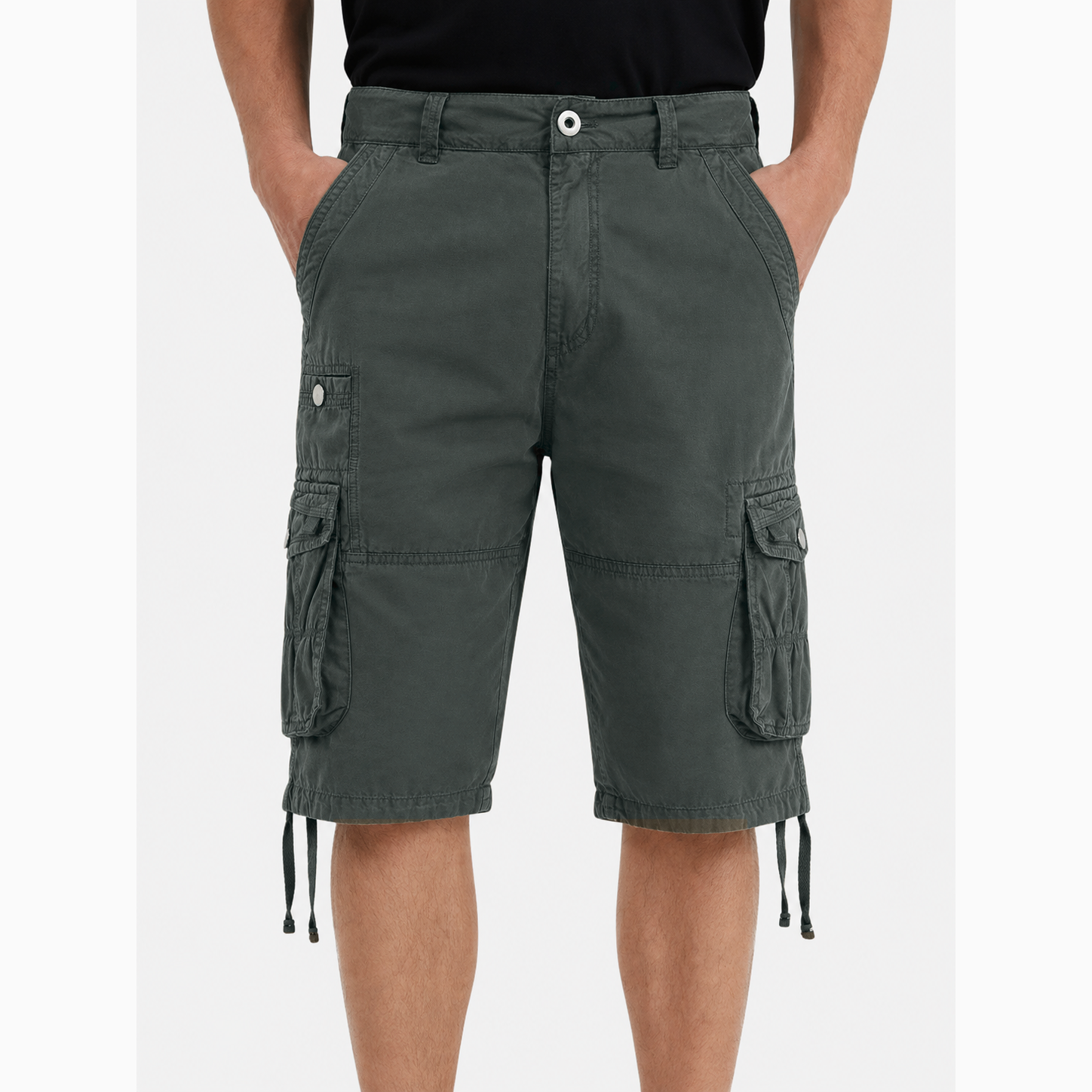 Men's multi-pocket cargo shorts, knee-length, casual summer hiking shorts.