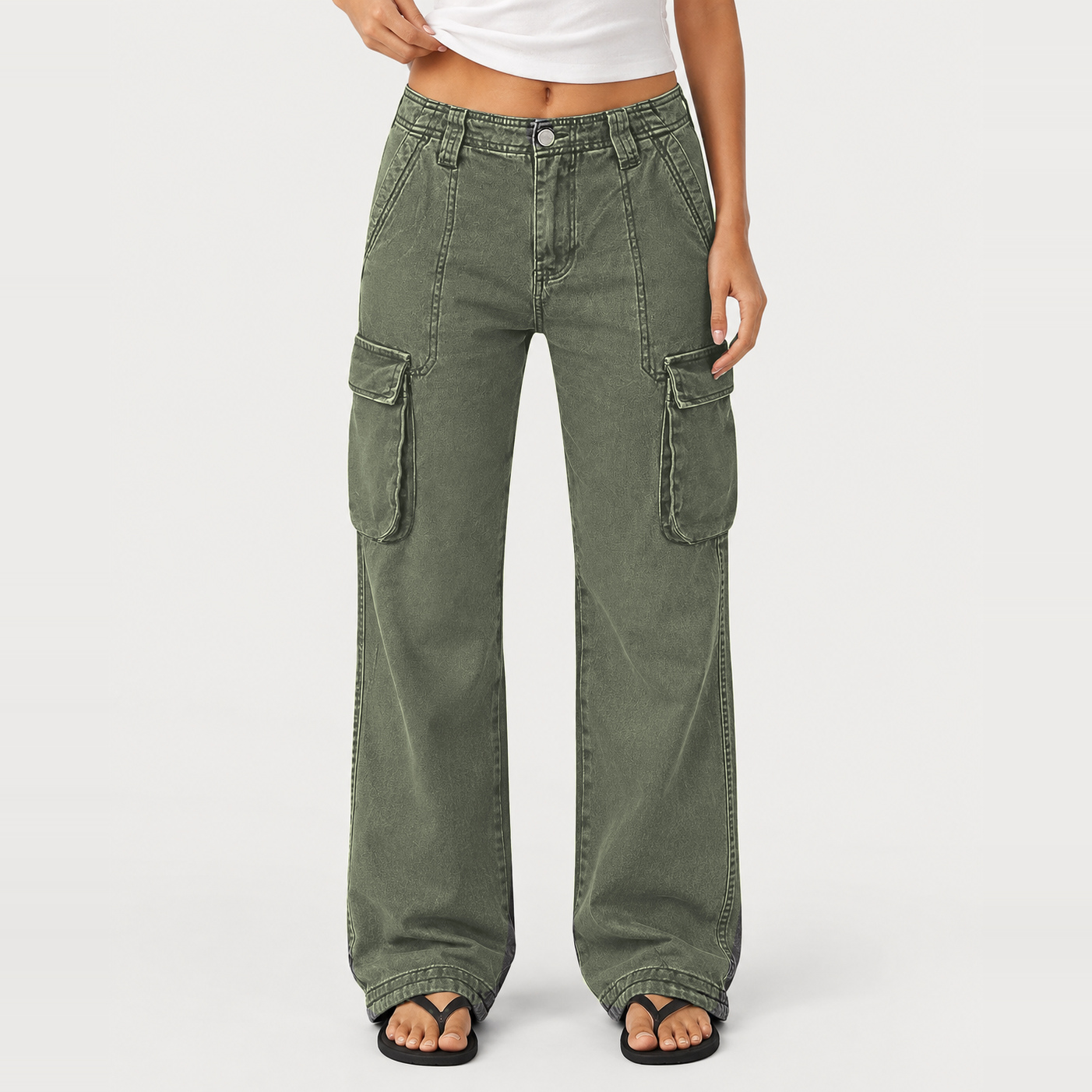 Women's Wide-Leg Straight-Cut Cargo Pants – Mid-Rise, High-Stretch, Multi-Pocket – Full-Length Cargo Pants