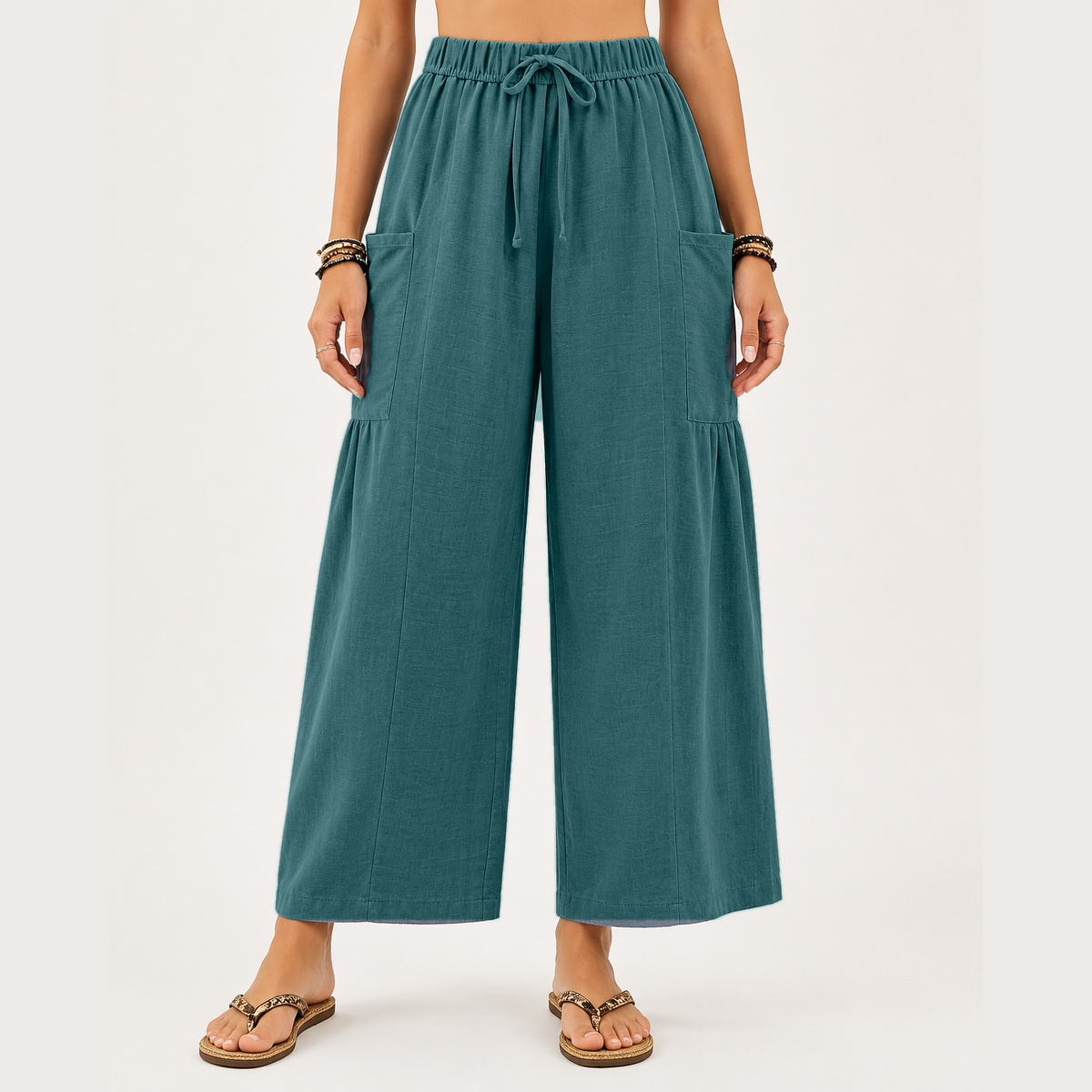 Women's wide-leg shorts featuring a drawstring design and pockets.