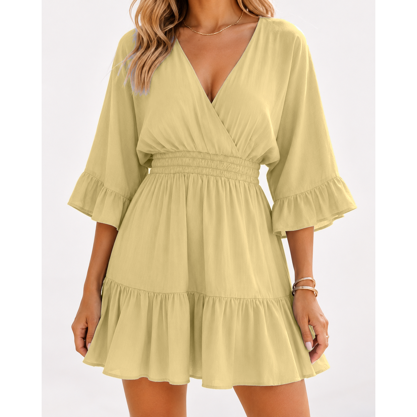 Women's Casual V-Neck Summer Loose High-Waisted Ruffled Pleated Cute Short Dress