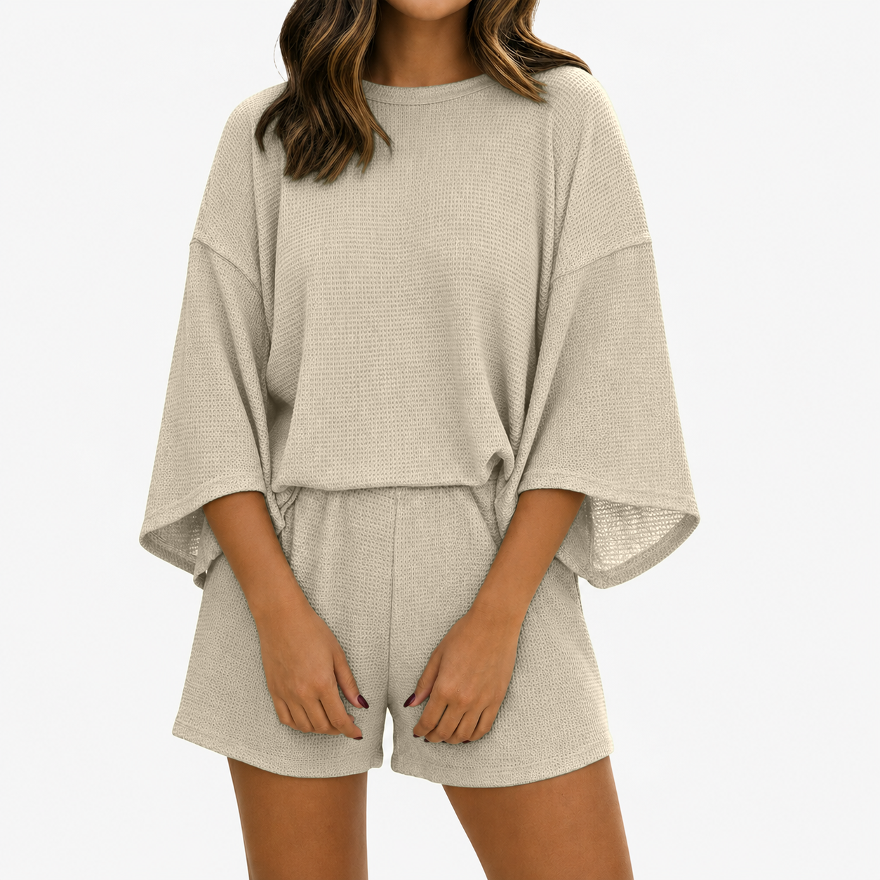 Women's two-piece shorts set with three-quarter sleeve T-shirt