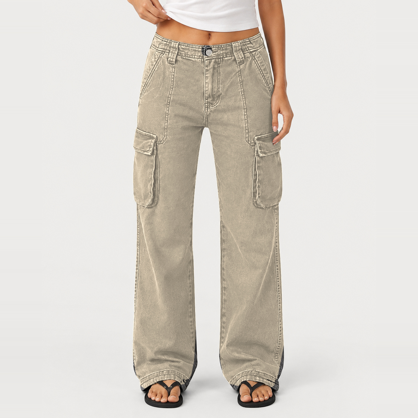 Women's Wide-Leg Straight-Cut Cargo Pants – Mid-Rise, High-Stretch, Multi-Pocket – Full-Length Cargo Pants