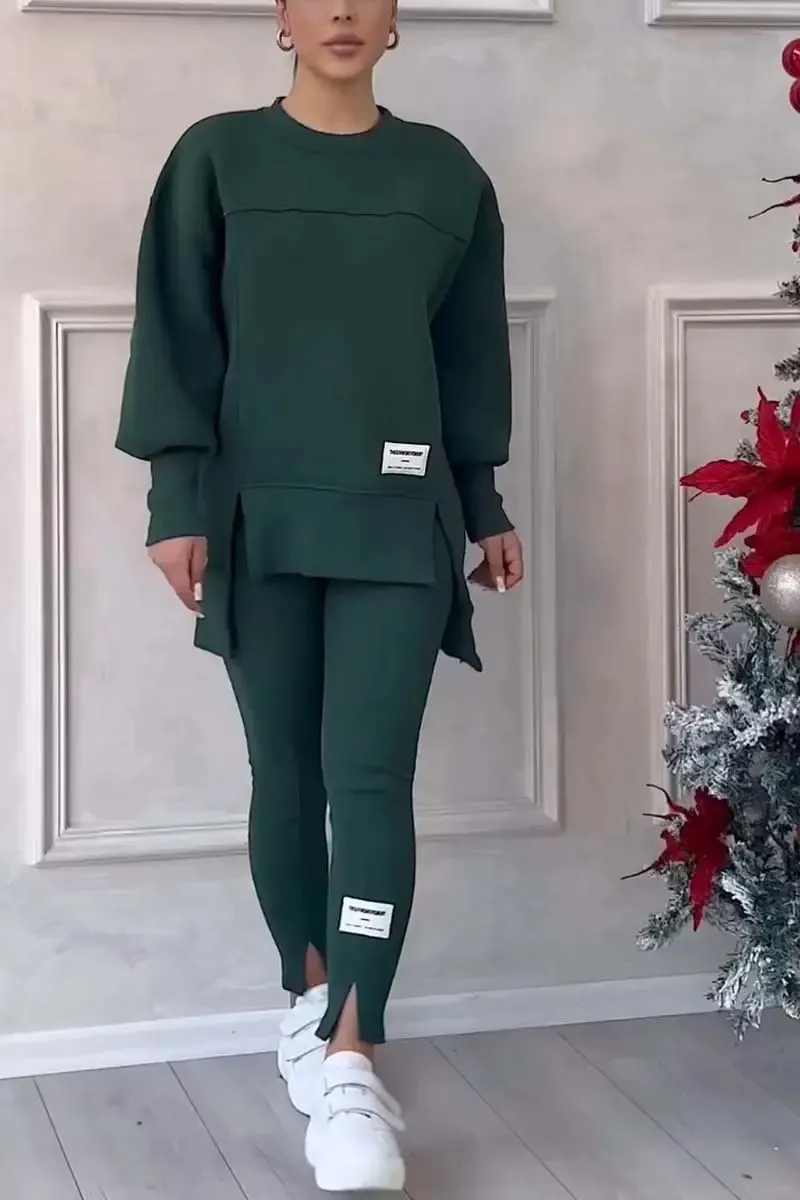 ⏰Winter Clearance Sale - 80% Off 🔥Women's Casual Solid Color Round Neck Long Sleeve Slit Hem Sweatshirt Leggings Set
