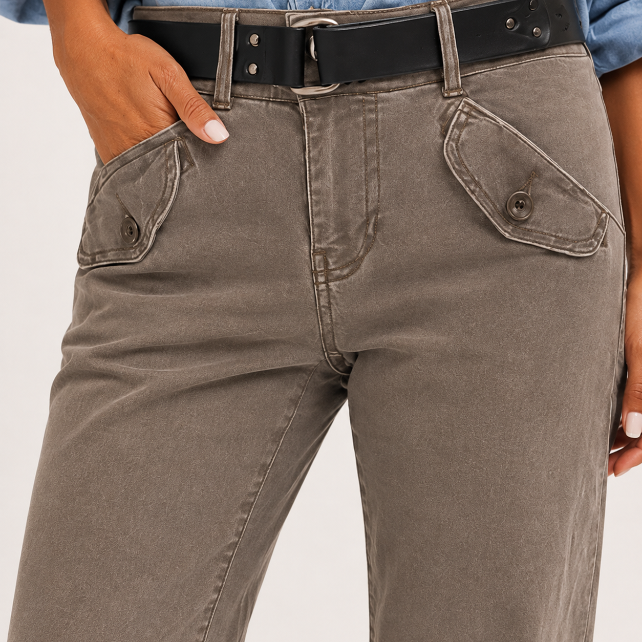 Women's Solid-Color Mid-Rise Straight-Leg Casual Trousers (Belt Not Included)