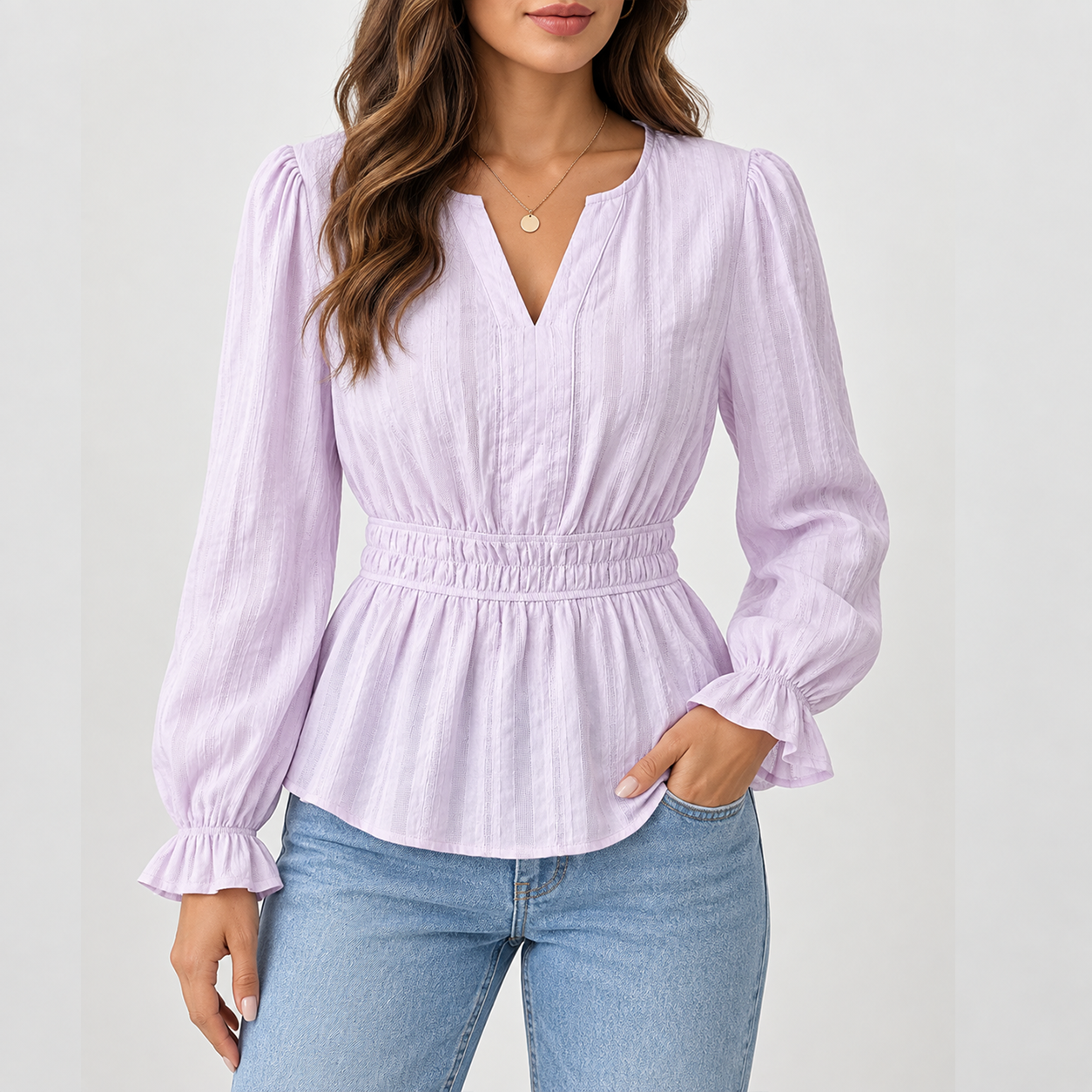 Women's long-sleeve ruffled cotton fitted top