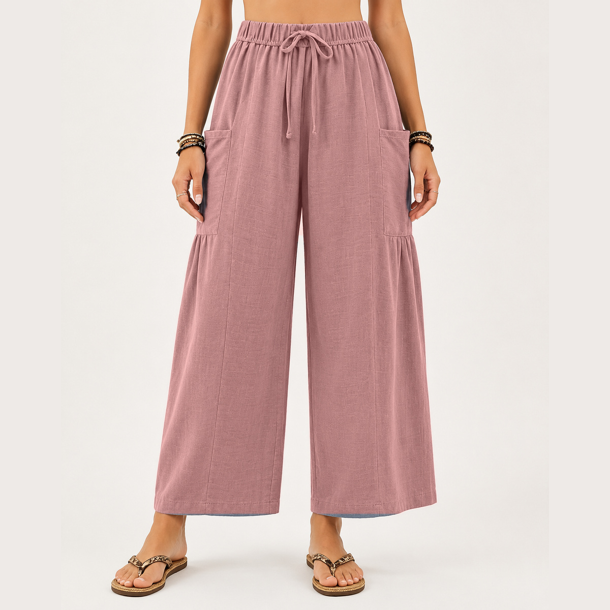 Women's wide-leg shorts featuring a drawstring design and pockets.
