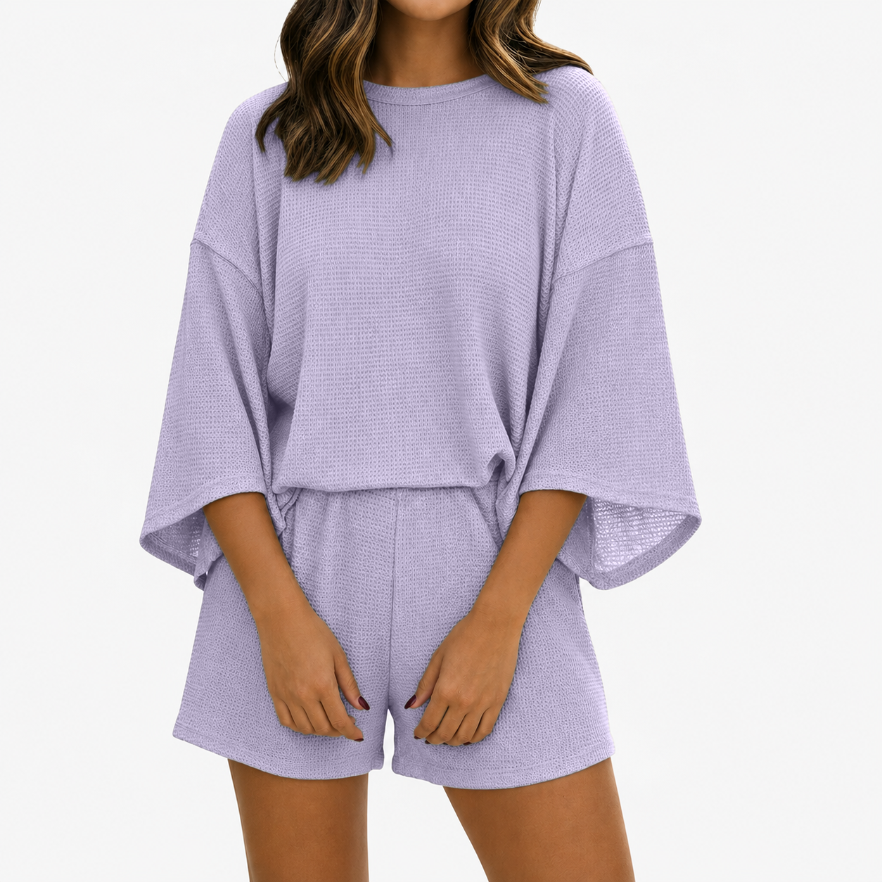 Women's two-piece shorts set with three-quarter sleeve T-shirt